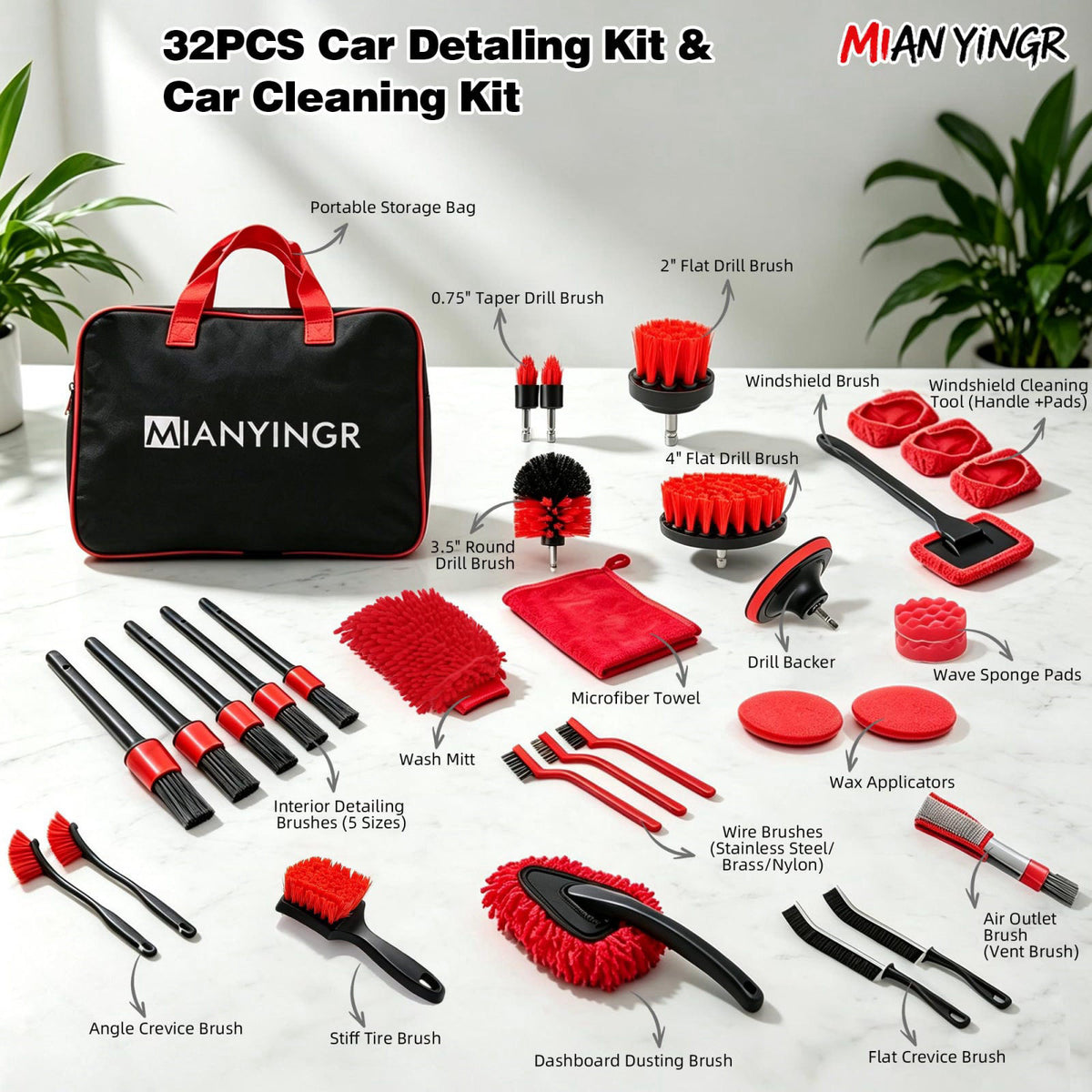 MIANYINGR 32Pcs Car Detailing Kit with Drill Brush, Interior Cleaning Brush Set – alternate angle