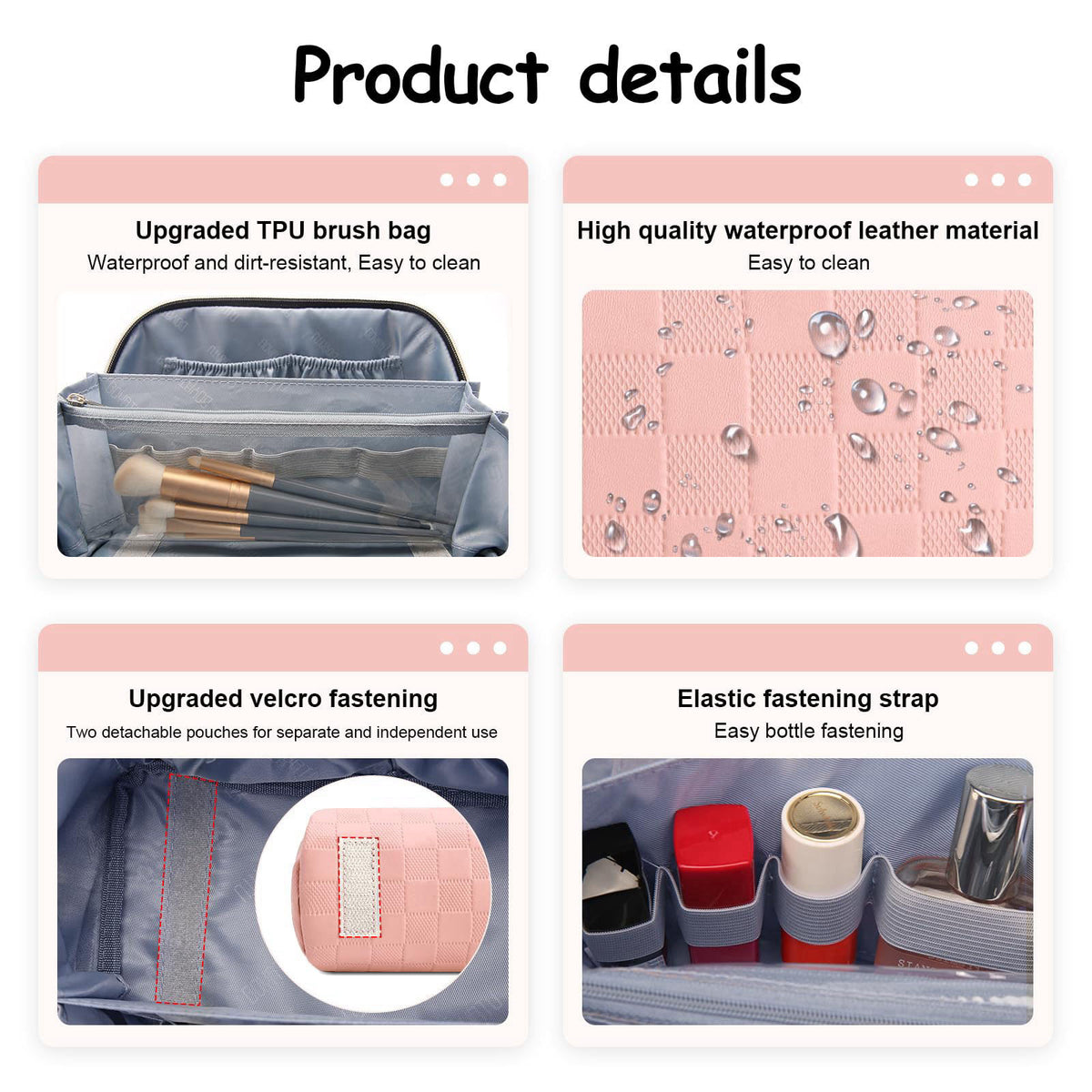 BOYATU Travel Makeup Bag Organizer: 180°Open-Flat 3 Pcs Make up Bags Set – back view and specifications