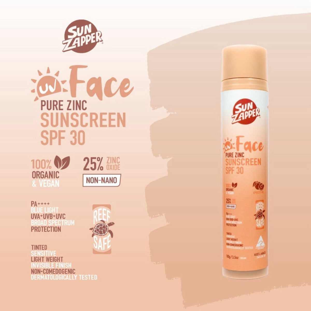Sun Zapper Face Pure Zinc Sunscreen SPF 30 Pump 100g – packaging and label