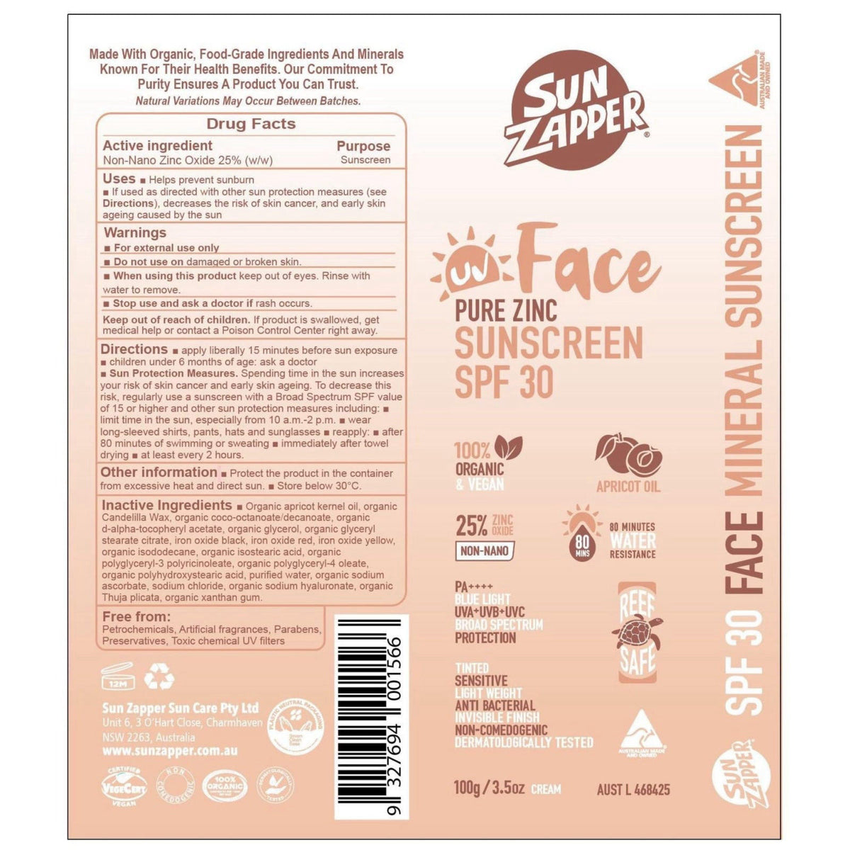 Sun Zapper Face Pure Zinc Sunscreen SPF 30 Pump 100g – full view