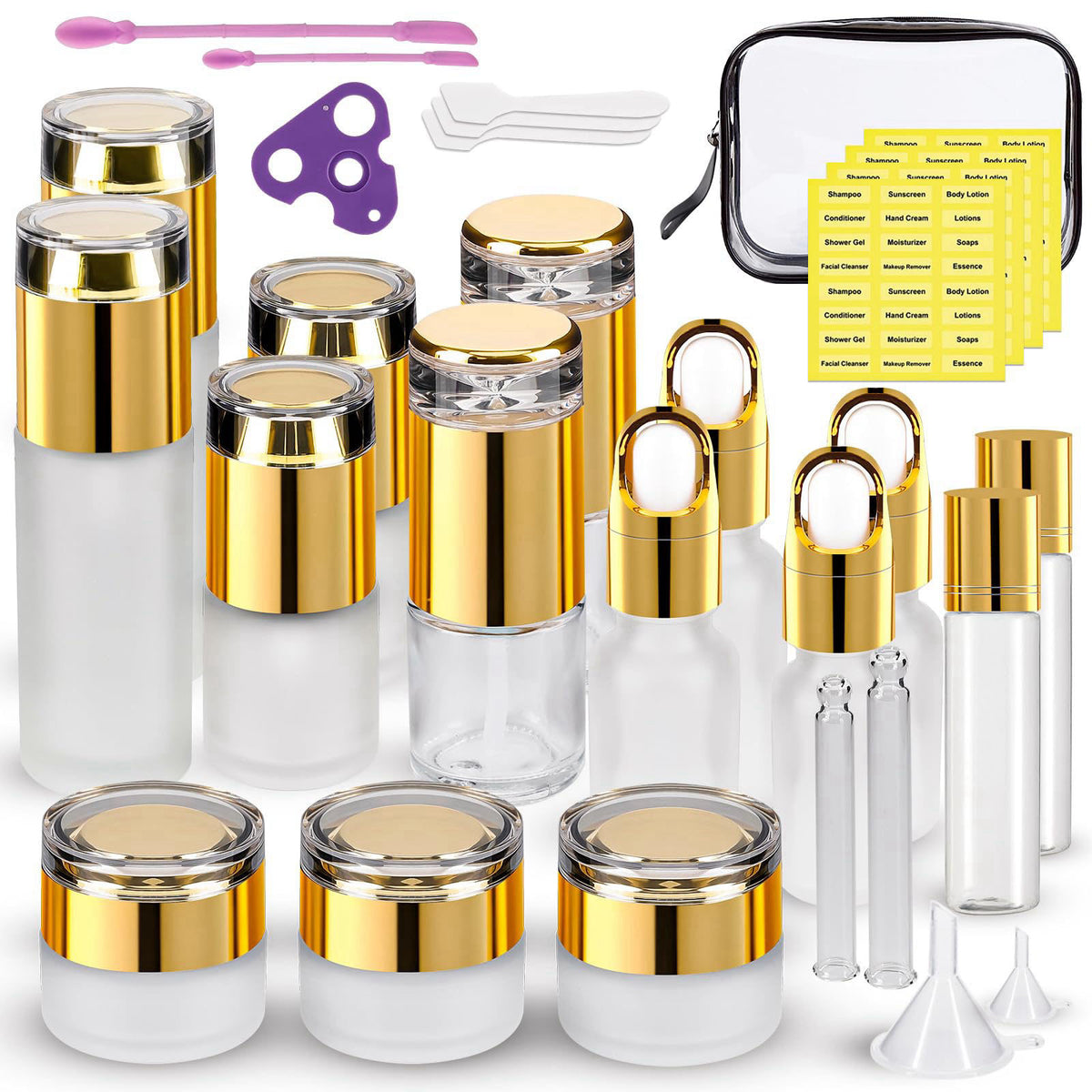 KOUWICH 30 Pack TSA Approved Glass Travel Skincare Containers, 1.3/1/0.7/0.3oz Refillable Traveling Size Containers with