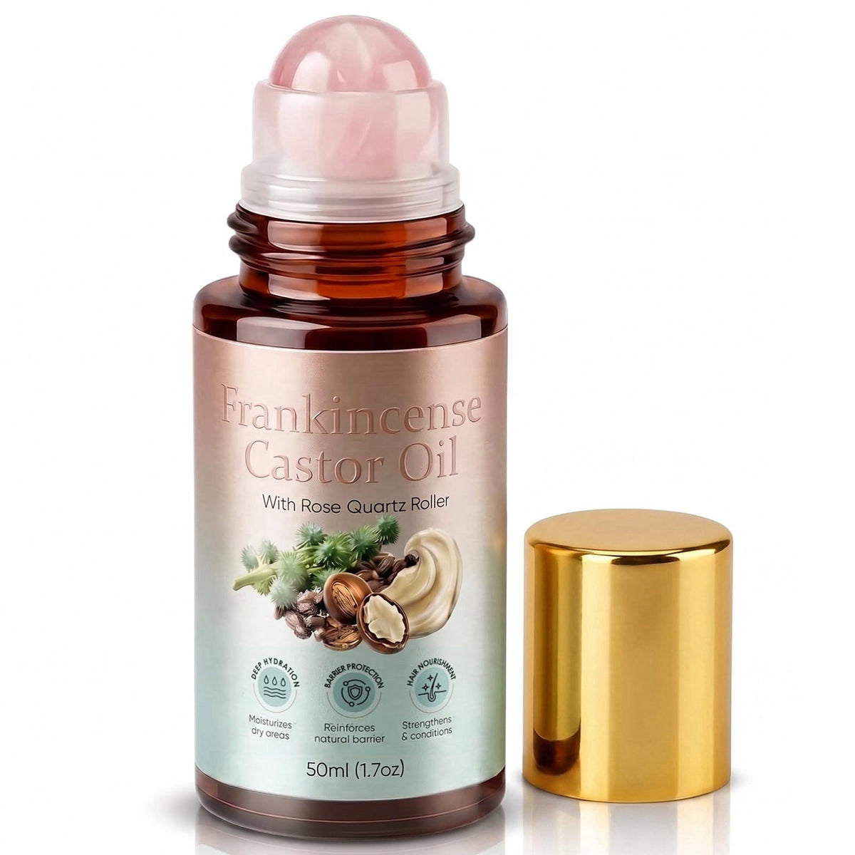 Organic Castor Oil Roll On with Rose Quartz Roller Ball & Frankincense, Cold-Pressed Beauty Oil for Eyebrows, Under-Eye,
