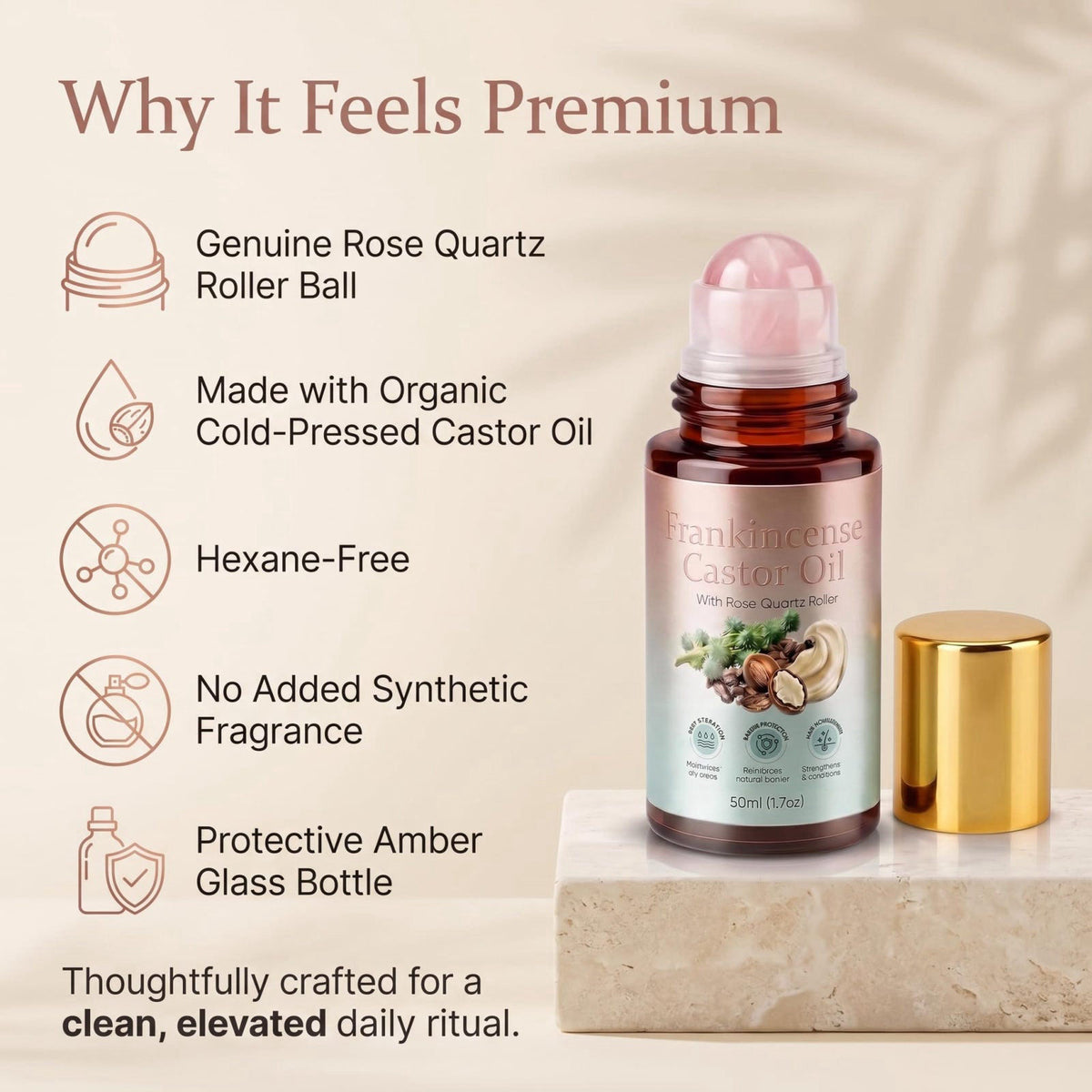 Organic Castor Oil Roll On with Rose Quartz Roller Ball & Frankincense, Cold-Pressed Beauty Oil for Eyebrows, Under-Eye,