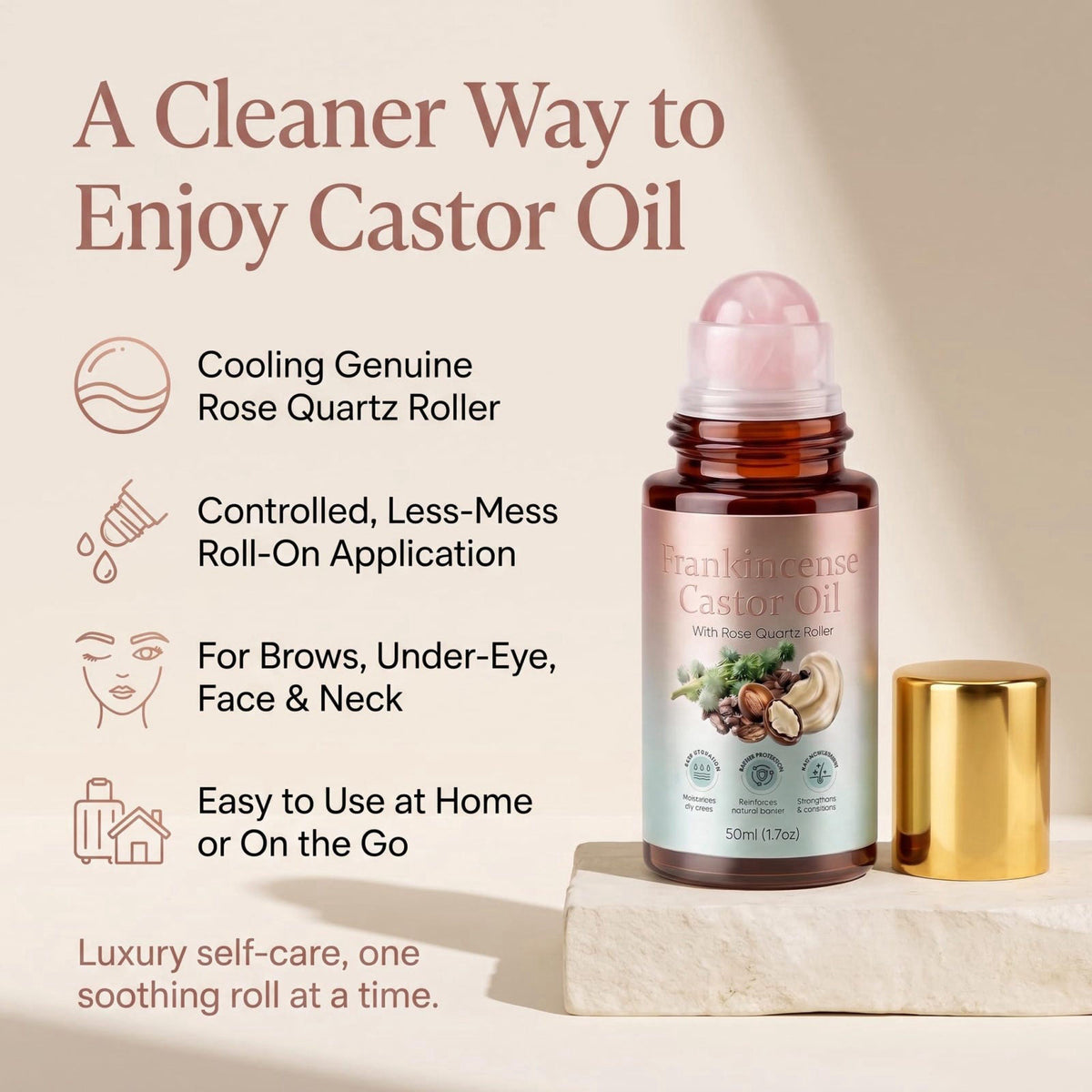 Organic Castor Oil Roll On with Rose Quartz Roller Ball & Frankincense, Cold-Pressed Beauty Oil for Eyebrows, Under-Eye,