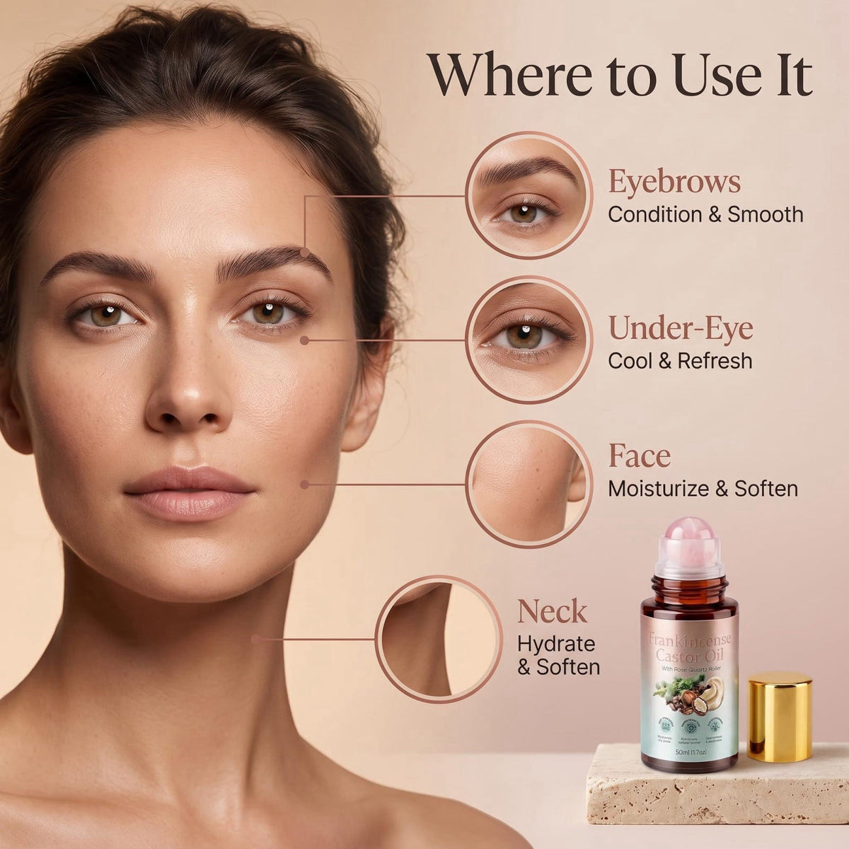 Organic Castor Oil Roll On with Rose Quartz Roller Ball & Frankincense, Cold-Pressed Beauty Oil for Eyebrows, Under-Eye,