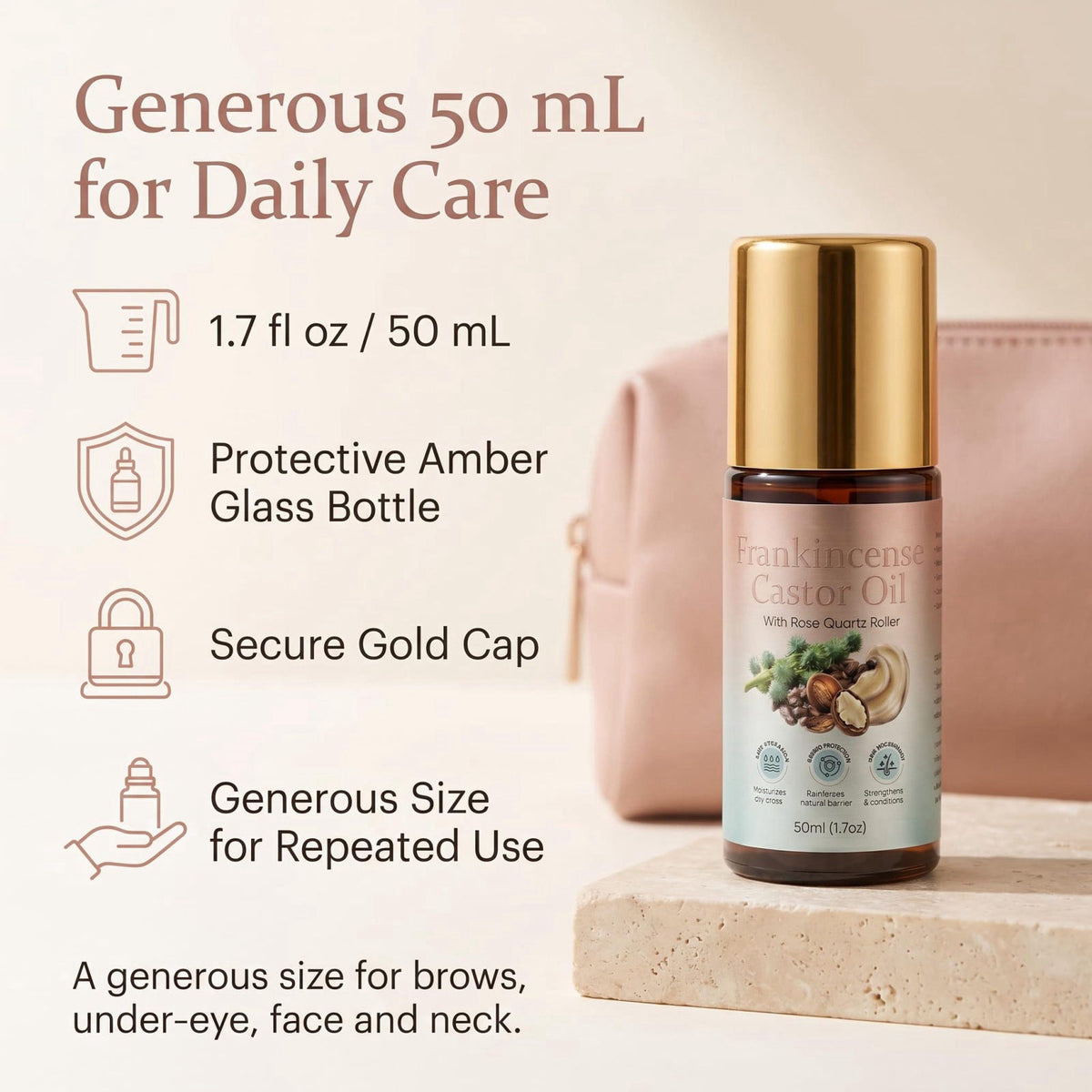 Organic Castor Oil Roll On with Rose Quartz Roller Ball & Frankincense, Cold-Pressed Beauty Oil for Eyebrows, Under-Eye,