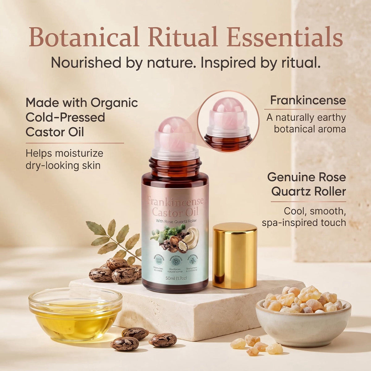 Organic Castor Oil Roll On with Rose Quartz Roller Ball & Frankincense, Cold-Pressed Beauty Oil for Eyebrows, Under-Eye,