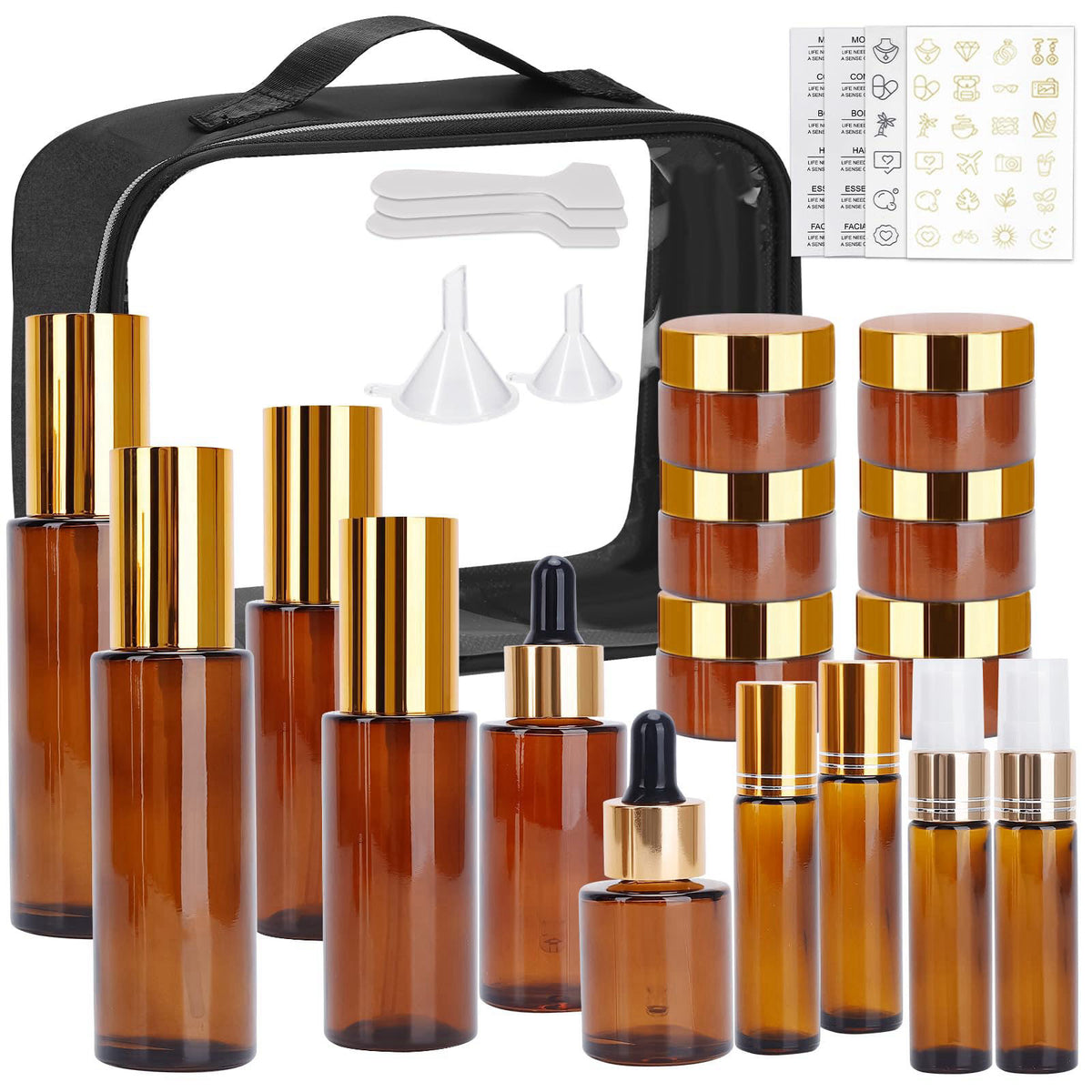 KOUWICH 26 Pack TSA Approved Glass Travel Skincare Containers, 2/1.7/1.35/0.7/0.5/0.3oz Refillable Traveling Size Contai