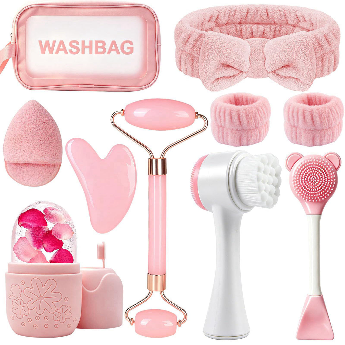 CLRDZN Skincare Tools Set with Face Cleansing Brush, Ice Face Roller & Gua Sha Set – Pink, Silicone