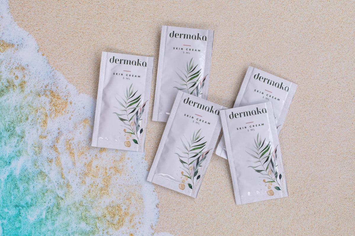 Dermaka Skin Cream 5ml Packets, 25 Count, Arnica Cream for Bruise-Prone Skin – back view and specifications