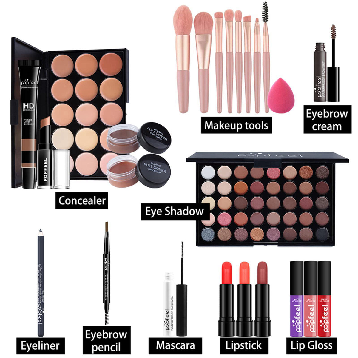 Joyeee Makeup Kit For Women Full Kit, Naked Shimmer Eyeshadow Palette, Waterproof Black Eyeliner & Mascara, Makeup Tools