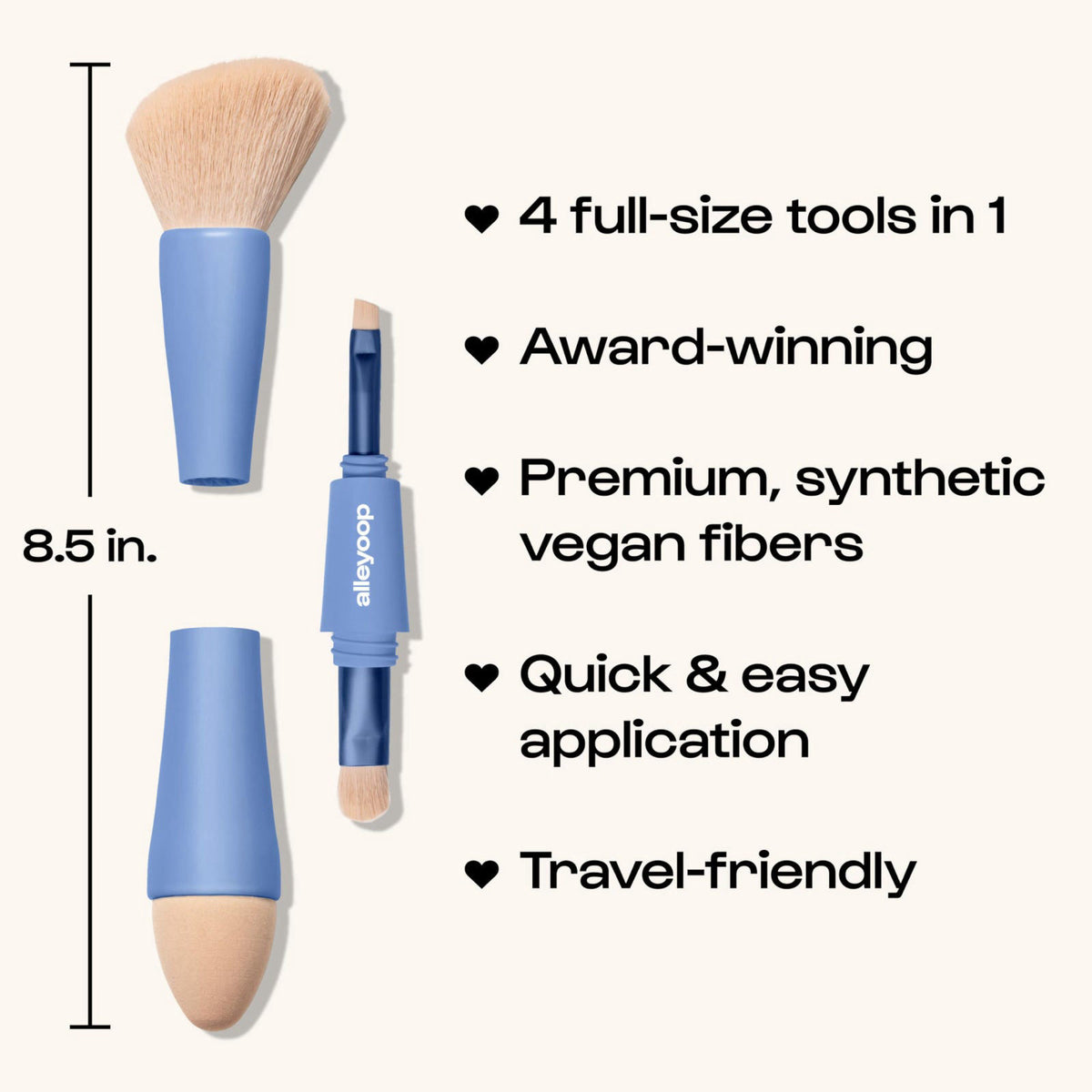 Alleyoop Multi-Tasker 4-in-1 Travel Makeup Brushes Set, Blush & Sponge – close-up detail in Blue