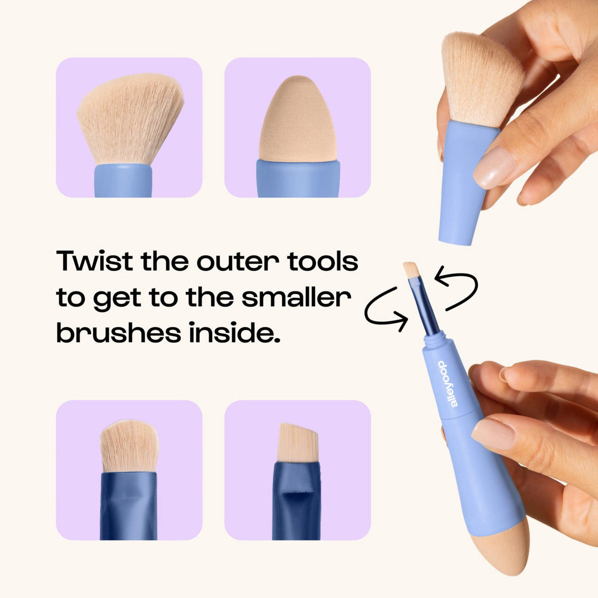 Alleyoop Multi-Tasker 4-in-1 Travel Makeup Brushes Set, Blush & Sponge – packaging and label
