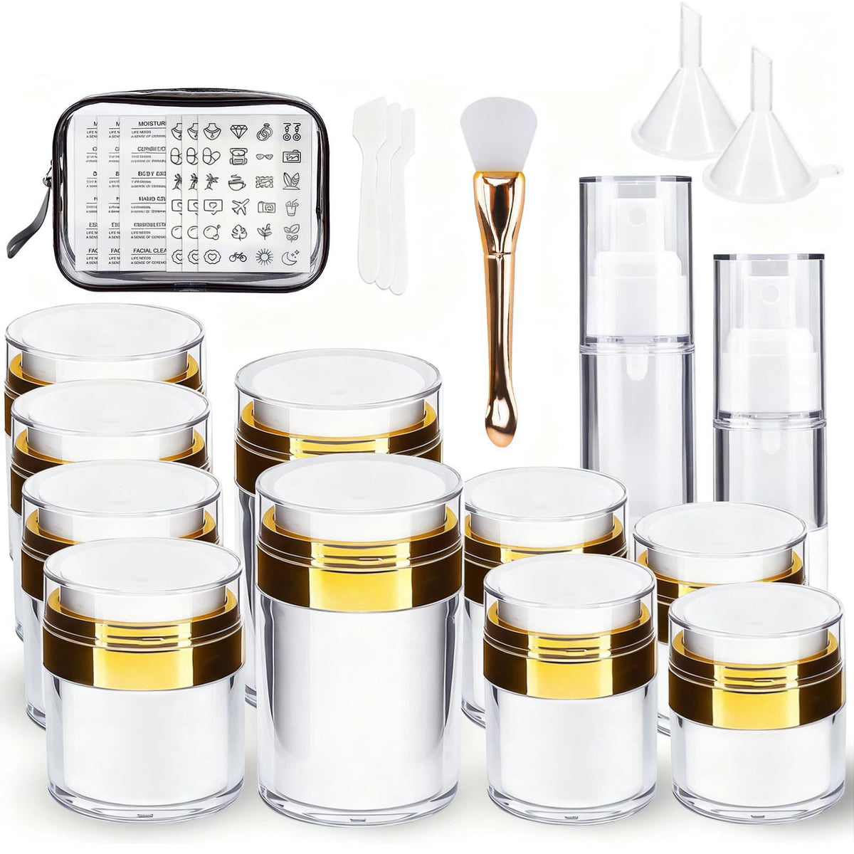 KOUWICH 20 Pack Airless Pump Jars Set, 3.34/1.7/1/0.5/oz Refillable Travel Size Containers, Gold Travel Bottles Empty Lo
