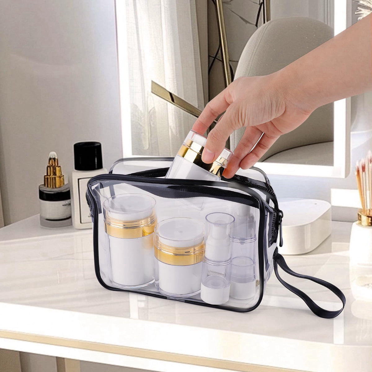 KOUWICH 20 Pack Airless Pump Jars Set, 3.34/1.7/1/0.5/oz Refillable Travel Size Containers, Gold Travel Bottles Empty Lo