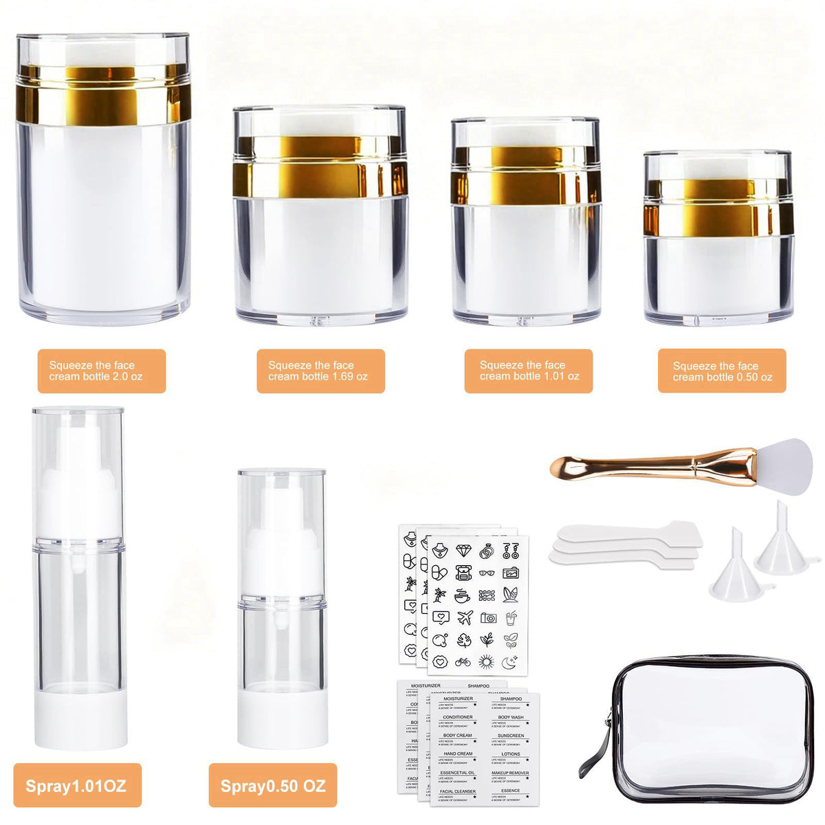 KOUWICH 20 Pack Airless Pump Jars Set, 3.34/1.7/1/0.5/oz Refillable Travel Size Containers, Gold Travel Bottles Empty Lo