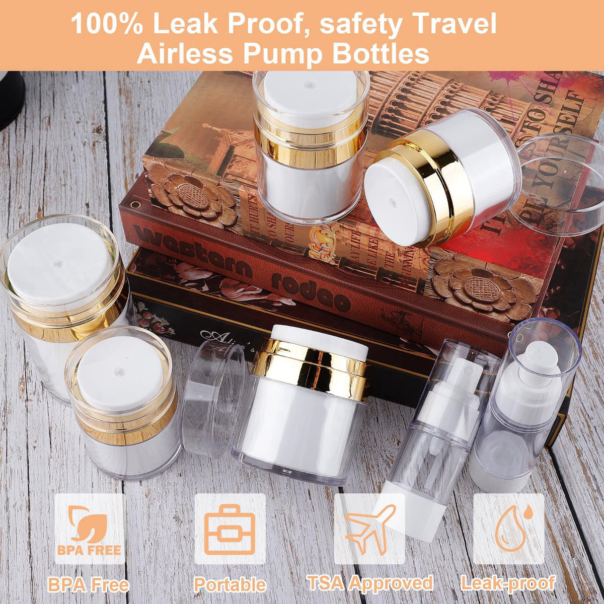 KOUWICH 20 Pack Airless Pump Jars Set, 3.34/1.7/1/0.5/oz Refillable Travel Size Containers, Gold Travel Bottles Empty Lo