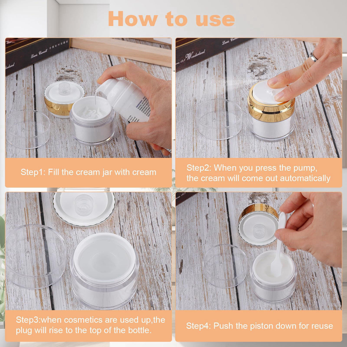 KOUWICH 20 Pack Airless Pump Jars Set, 3.34/1.7/1/0.5/oz Refillable Travel Size Containers, Gold Travel Bottles Empty Lo