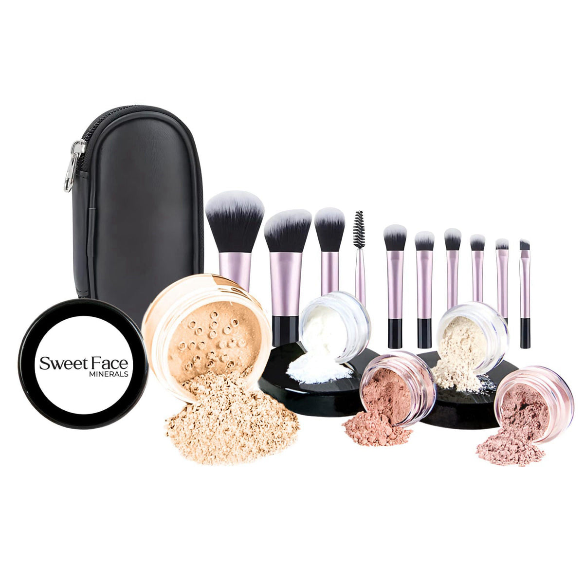 Sweet Face Minerals 16pc Beginner Mineral Makeup STARTER KIT with 10 BRUSH SET (5gm)Sample Size Foundation, Primer, Blus