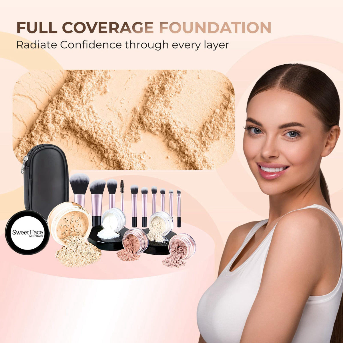 Sweet Face Minerals 16pc Beginner Mineral Makeup STARTER KIT with 10 BRUSH SET (5gm)Sample Size Foundation, Primer, Blus