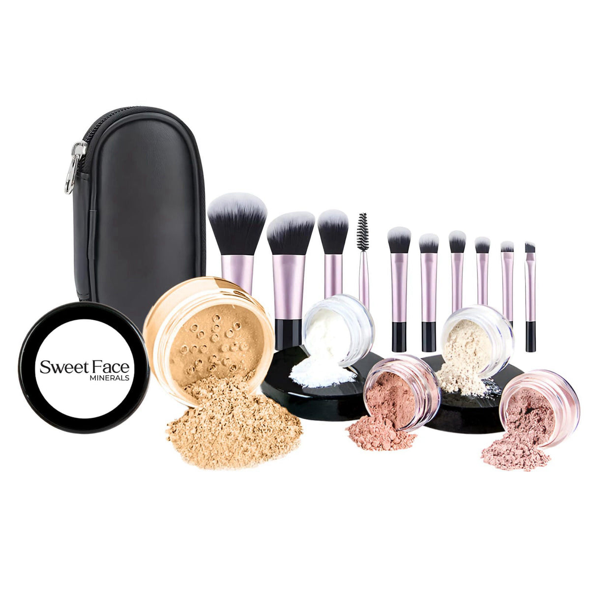 Sweet Face Minerals 16pc Beginner Mineral Makeup STARTER KIT with 10 BRUSH SET (5gm)Sample Size Foundation, Primer, Blus