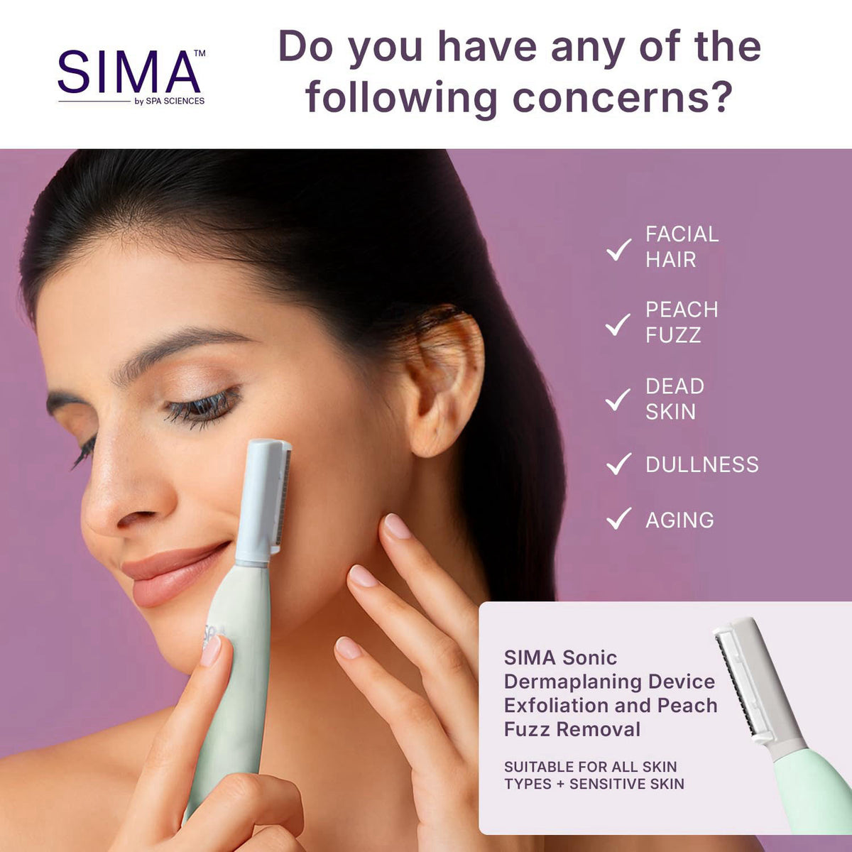 SPA SCIENCES - SIMA Patented Sonic Dermaplane Razor for Women Face – packaging and label