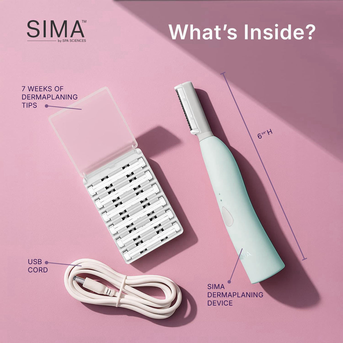 SPA SCIENCES - SIMA Patented Sonic Dermaplane Razor for Women Face – back view and specifications