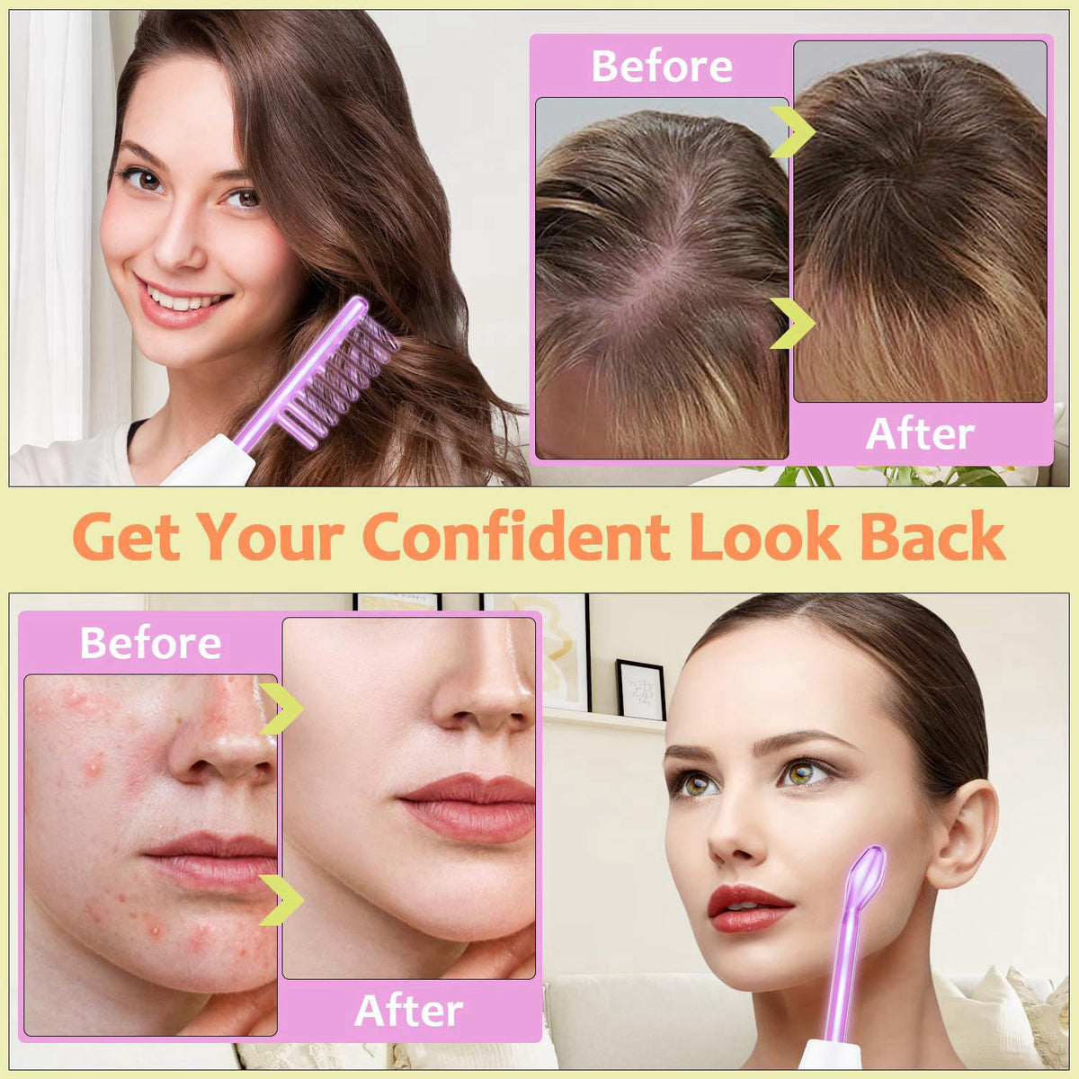 High Frequency Facial Wand - Uaike 4 in 1 Violet Portable Handheld – back view and specifications