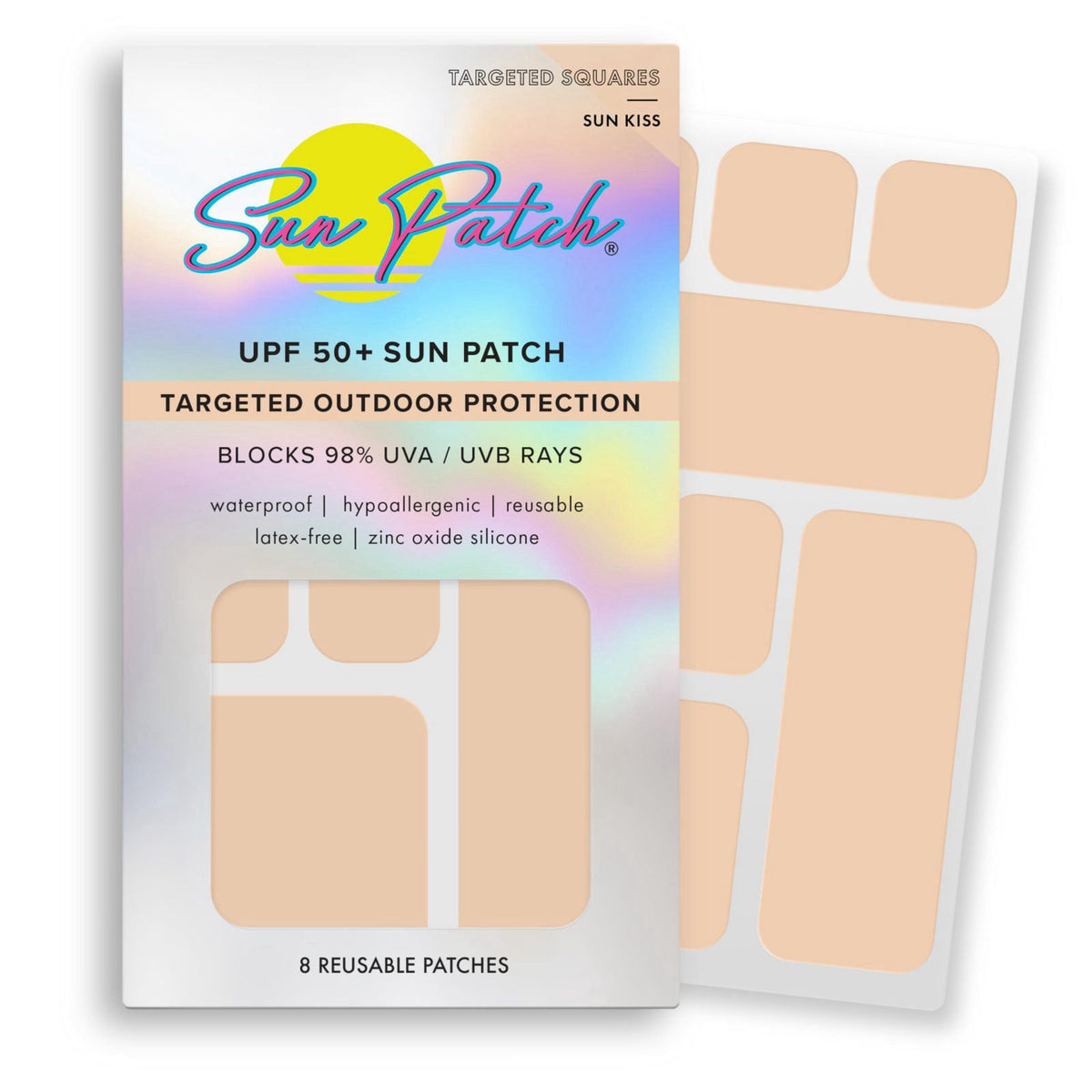 Sun Patch Hypoallergenic Sun-Screen Square Shaped Patches, 100% Silicone UPF-50 UV Protection, Reusable, 1 Pack/8 Square
