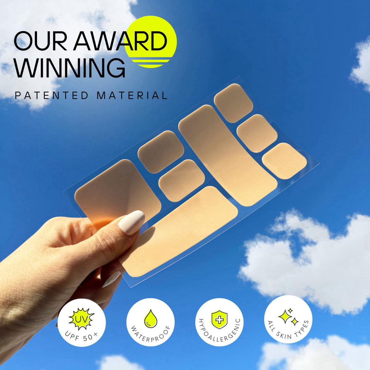 Sun Patch Hypoallergenic Sun-Screen Square Shaped Patches, 100% Silicone UPF-50 UV Protection, Reusable, 1 Pack/8 Square