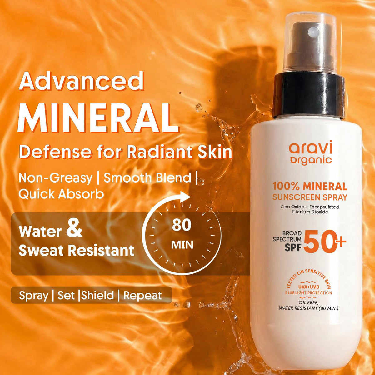 Aravi Organic 100% Mineral Sunscreen Spray SPF 50 | Broad Spectrum | Water Resistant 80 Min | Lightweight, No White Cast