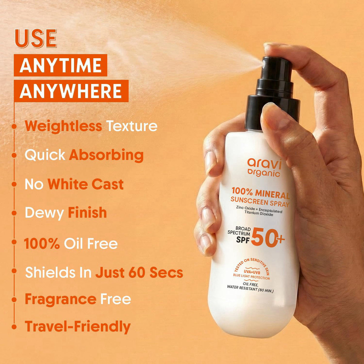 Aravi Organic 100% Mineral Sunscreen Spray SPF 50 | Broad Spectrum | Water Resistant 80 Min | Lightweight, No White Cast