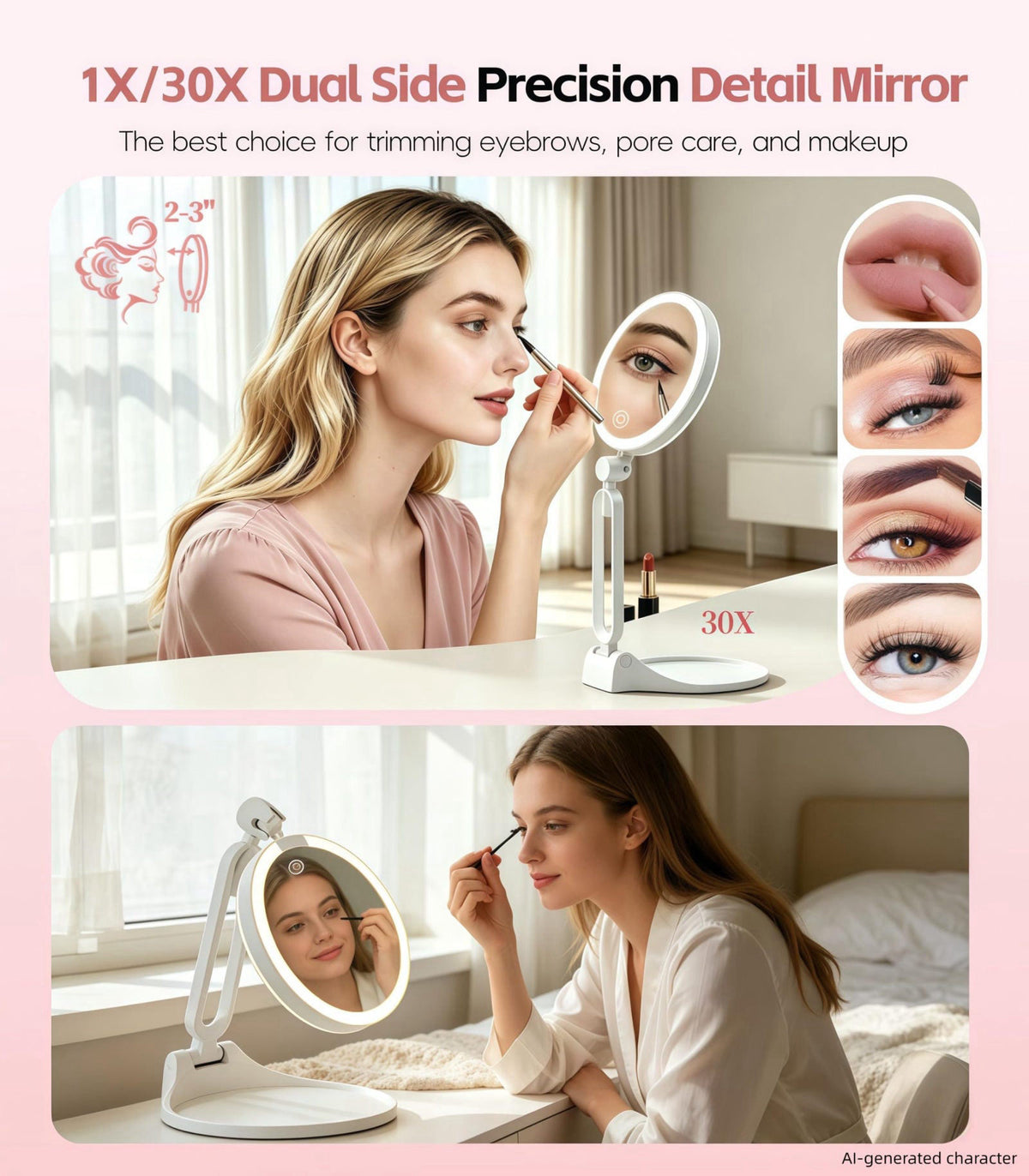 AOLERAY Travel Makeup Mirror with Lights 2026 New, 1X/30X Magnification Dual-Sided – packaging and label