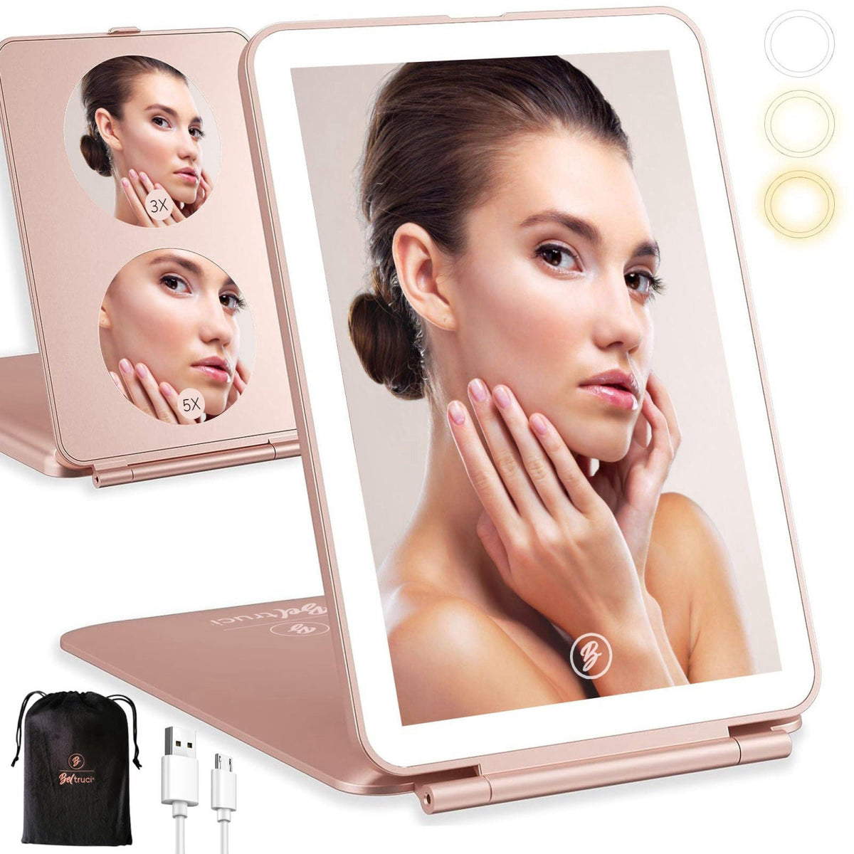 Beltruci Rechargeable Folding Vanity Mirror with 72 LED Lights, 3 Color Lighting, Dimmable Touch Screen for Travel, Cosm