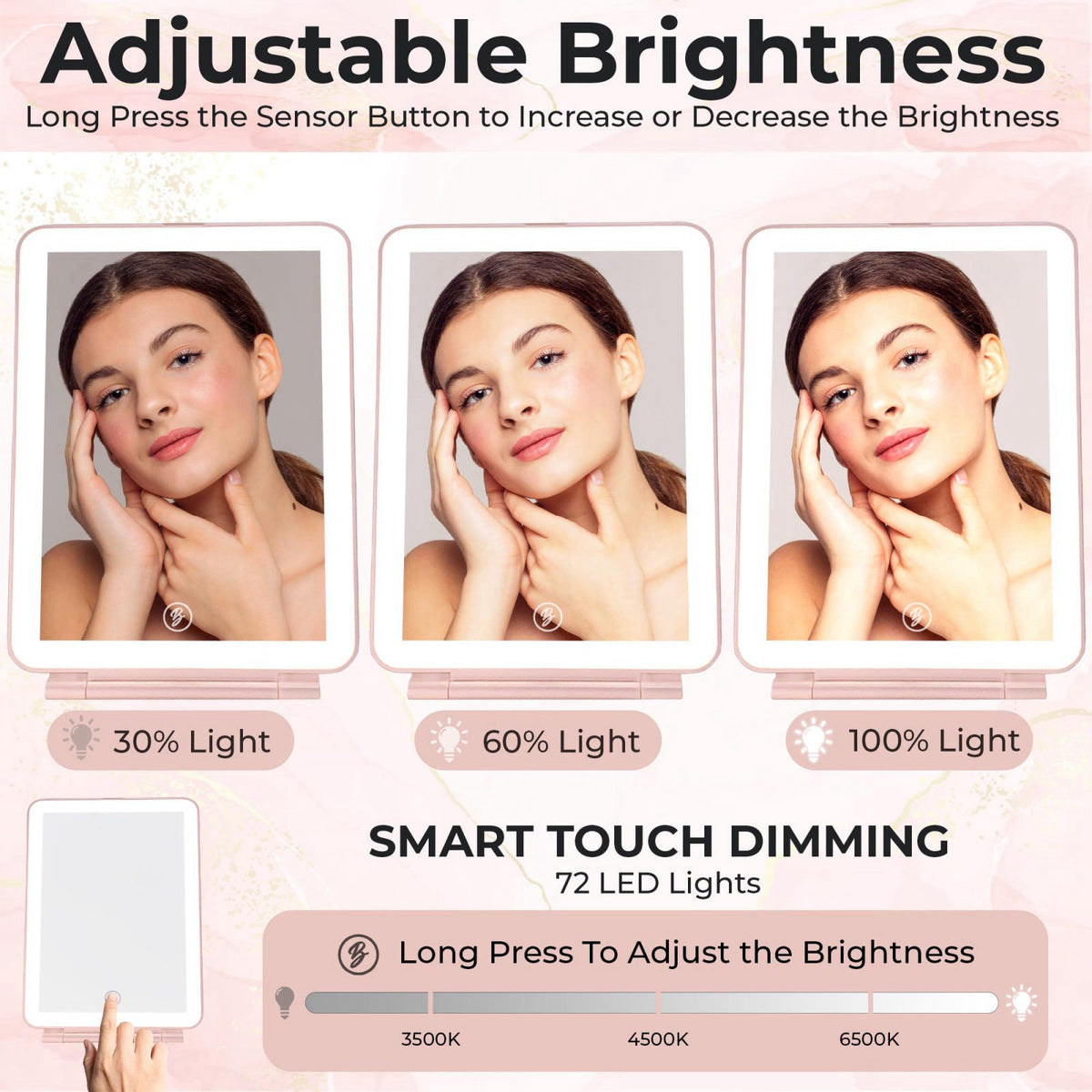 Beltruci Rechargeable Folding Vanity Mirror with 72 LED Lights, 3 Color Lighting, Dimmable Touch Screen for Travel, Cosm