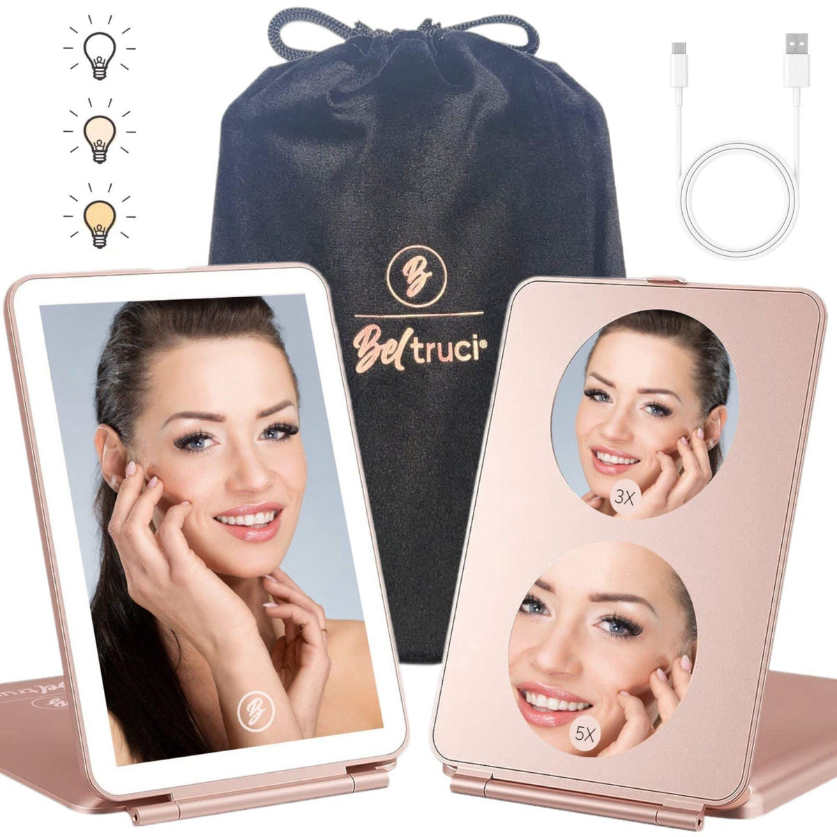 Beltruci Rechargeable Folding Vanity Mirror with 72 LED Lights, 3 Color Lighting, Dimmable Touch Screen for Travel, Cosm