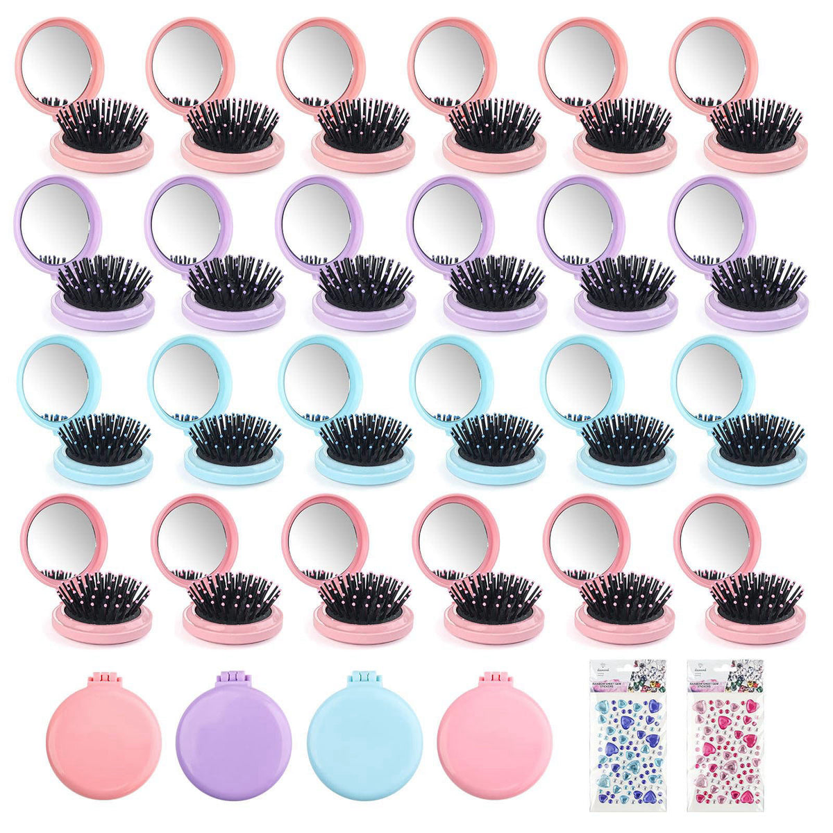Lilingsty 4 Colors Folding Mirror Hairbrush, 2 in 1 Compact Pocket Mirror Comb with DIY Stickers, Round Mini Pocket Make