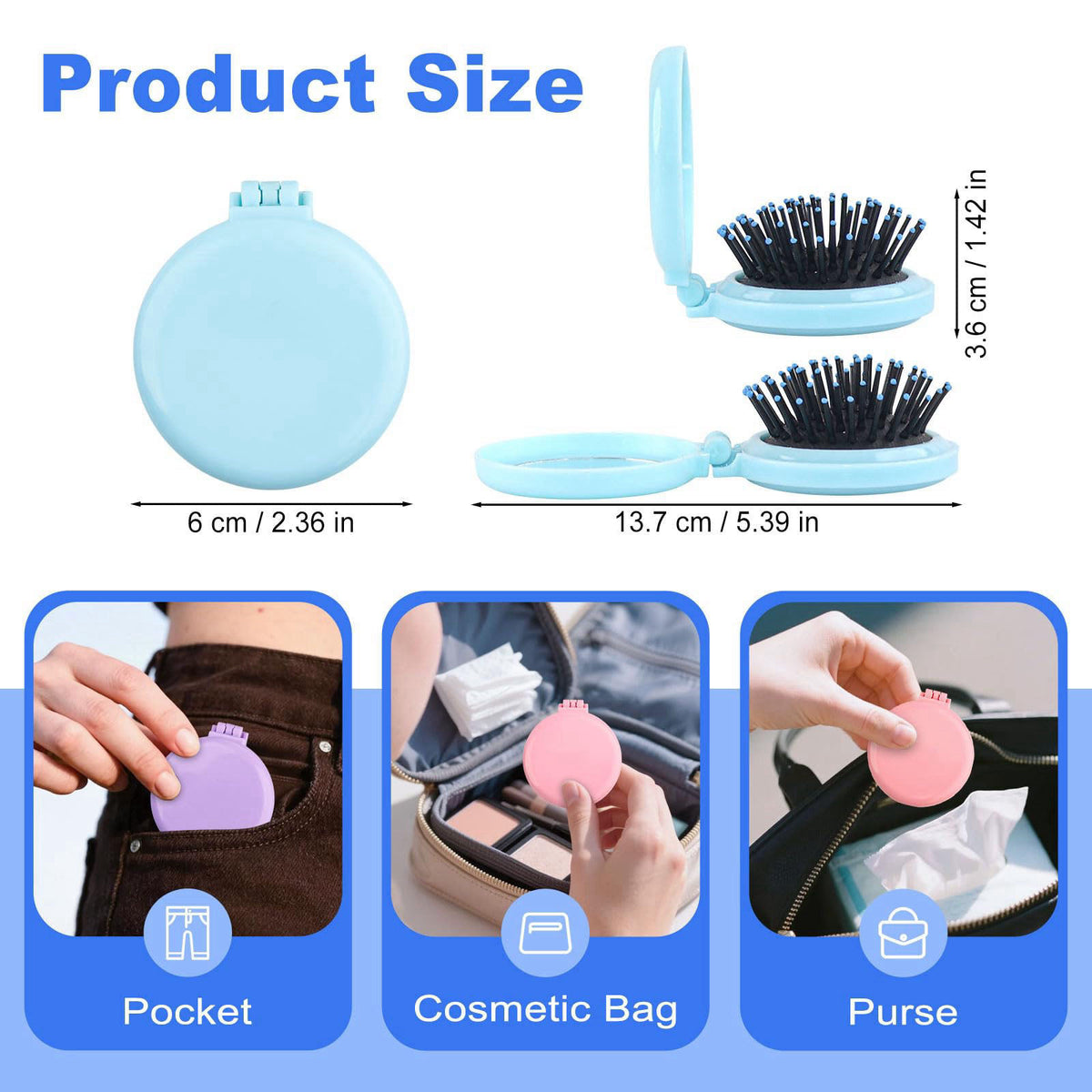 Lilingsty 4 Colors Folding Mirror Hairbrush, 2 in 1 Compact Pocket Mirror Comb with DIY Stickers, Round Mini Pocket Make