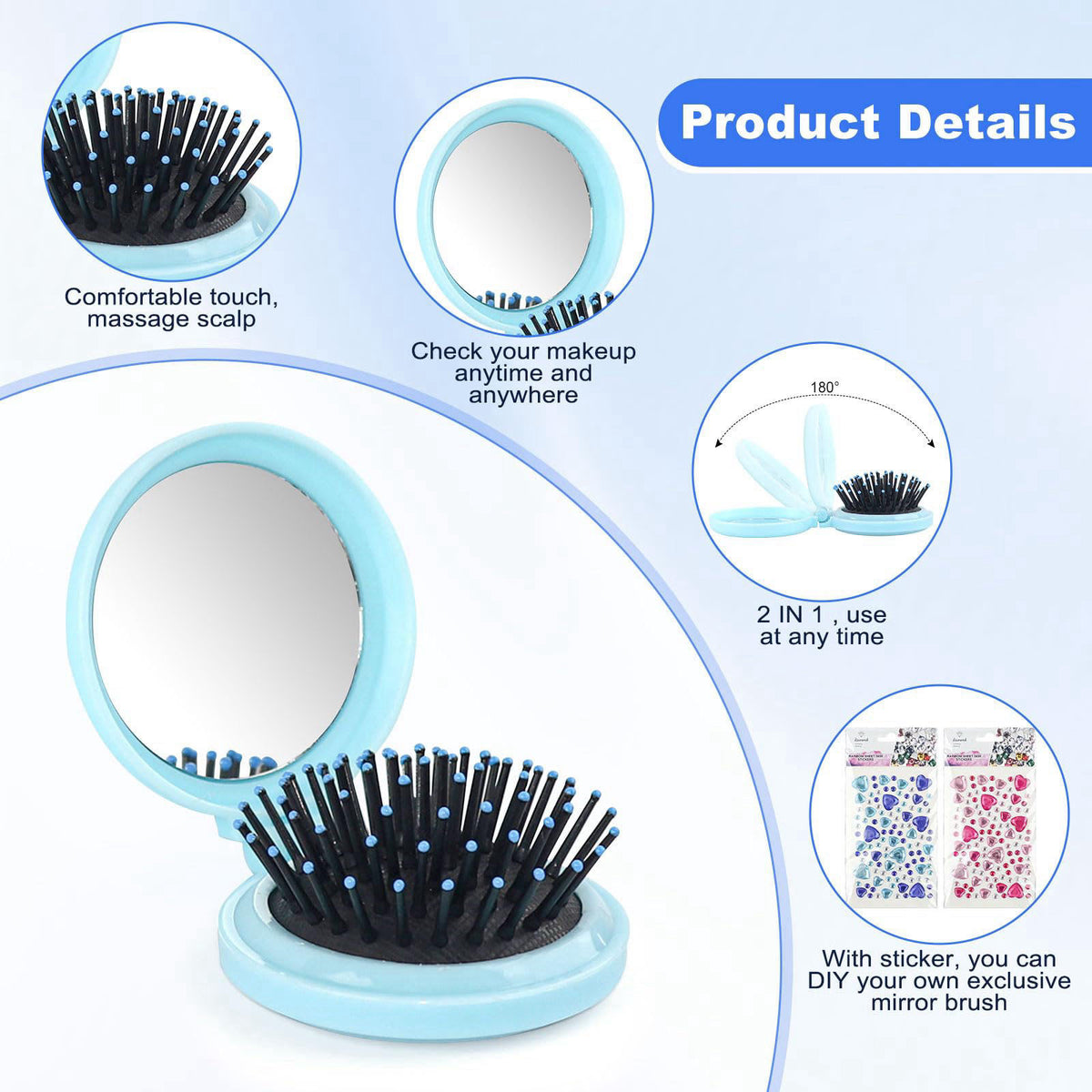 Lilingsty 4 Colors Folding Mirror Hairbrush, 2 in 1 Compact Pocket Mirror Comb with DIY Stickers, Round Mini Pocket Make