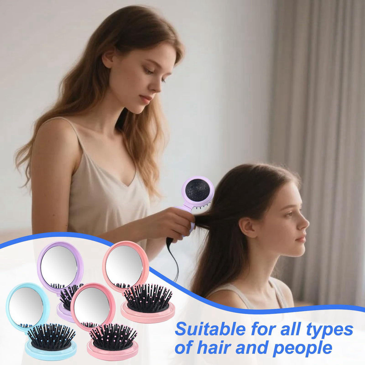 Lilingsty 4 Colors Folding Mirror Hairbrush, 2 in 1 Compact Pocket Mirror Comb with DIY Stickers, Round Mini Pocket Make