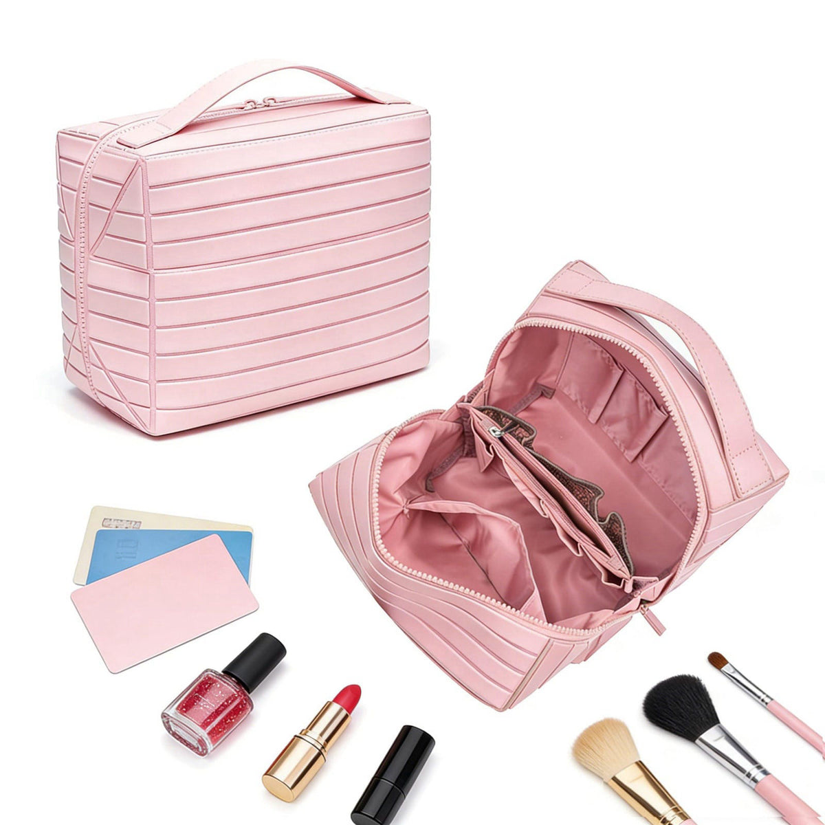 Slxypater Fold Down Parallel Makeup Bag,Toiletry Bag Travel Organizer,Large,Pink – packaging and label
