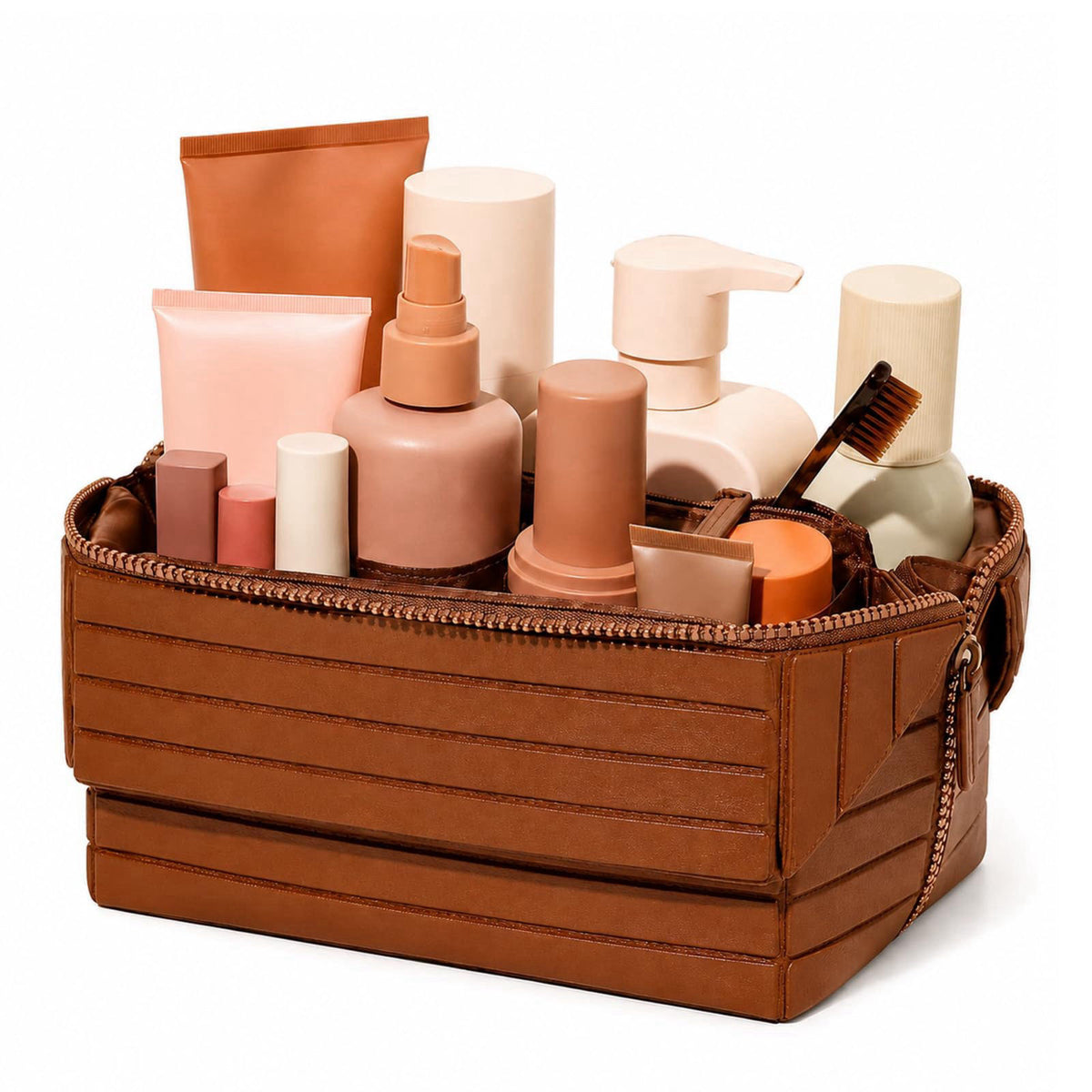Denash Fold Down Makeup Bag, Large Capacity Travel Cosmetic Case with Zippered Compartments, Water Proof Foldable Toilet