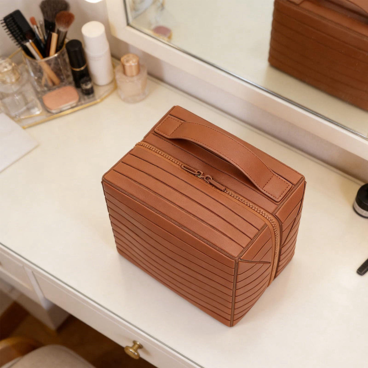 Denash Fold Down Makeup Bag, Large Capacity Travel Cosmetic Case with Zippered Compartments, Water Proof Foldable Toilet