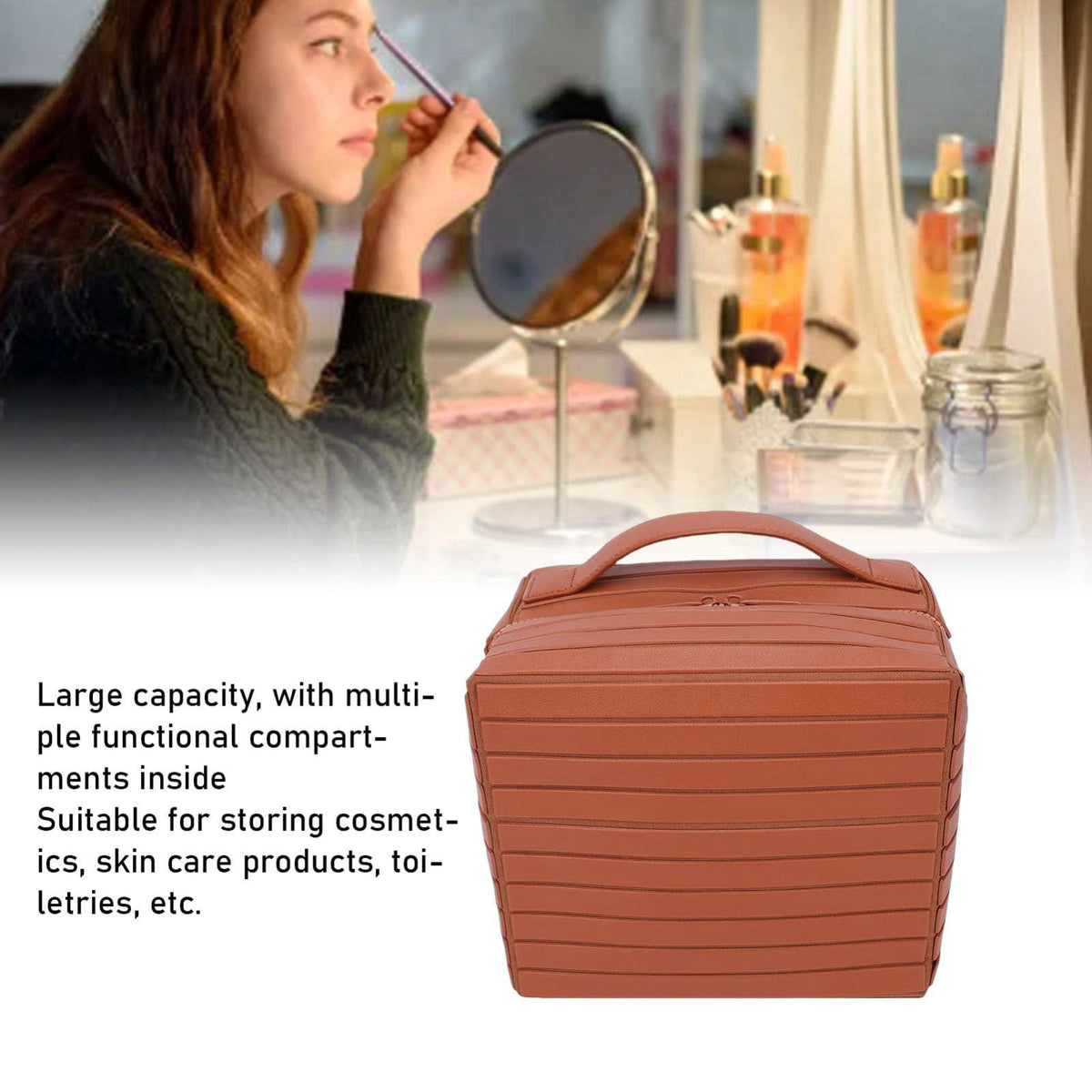 Denash Fold Down Makeup Bag, Large Capacity Travel Cosmetic Case with Zippered Compartments, Water Proof Foldable Toilet