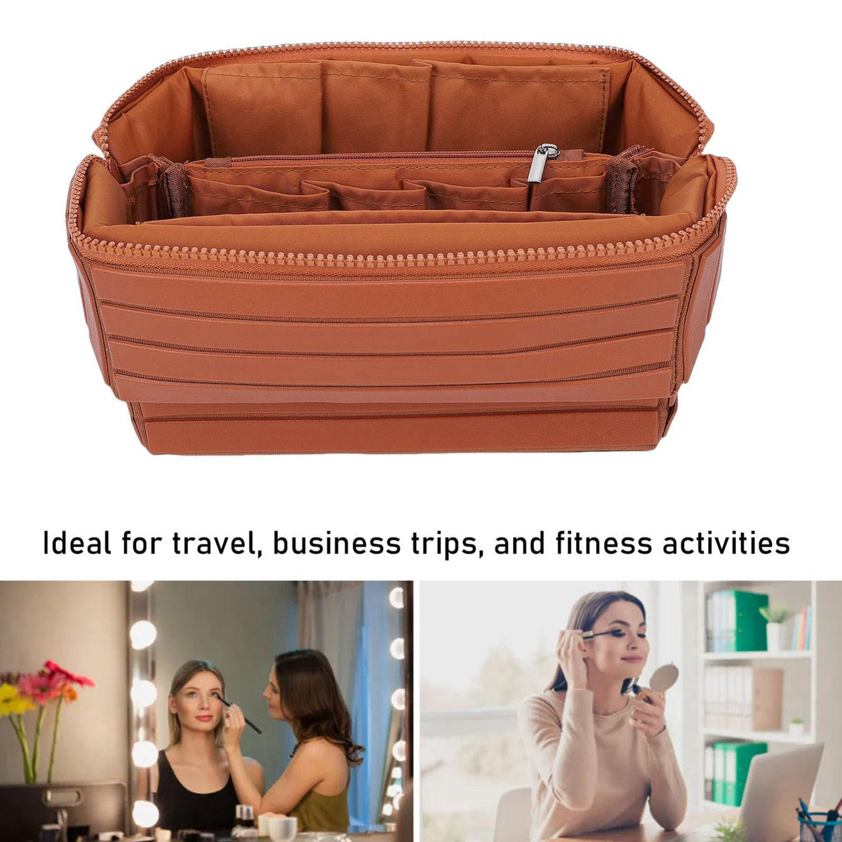 Denash Fold Down Makeup Bag, Large Capacity Travel Cosmetic Case with Zippered Compartments, Water Proof Foldable Toilet