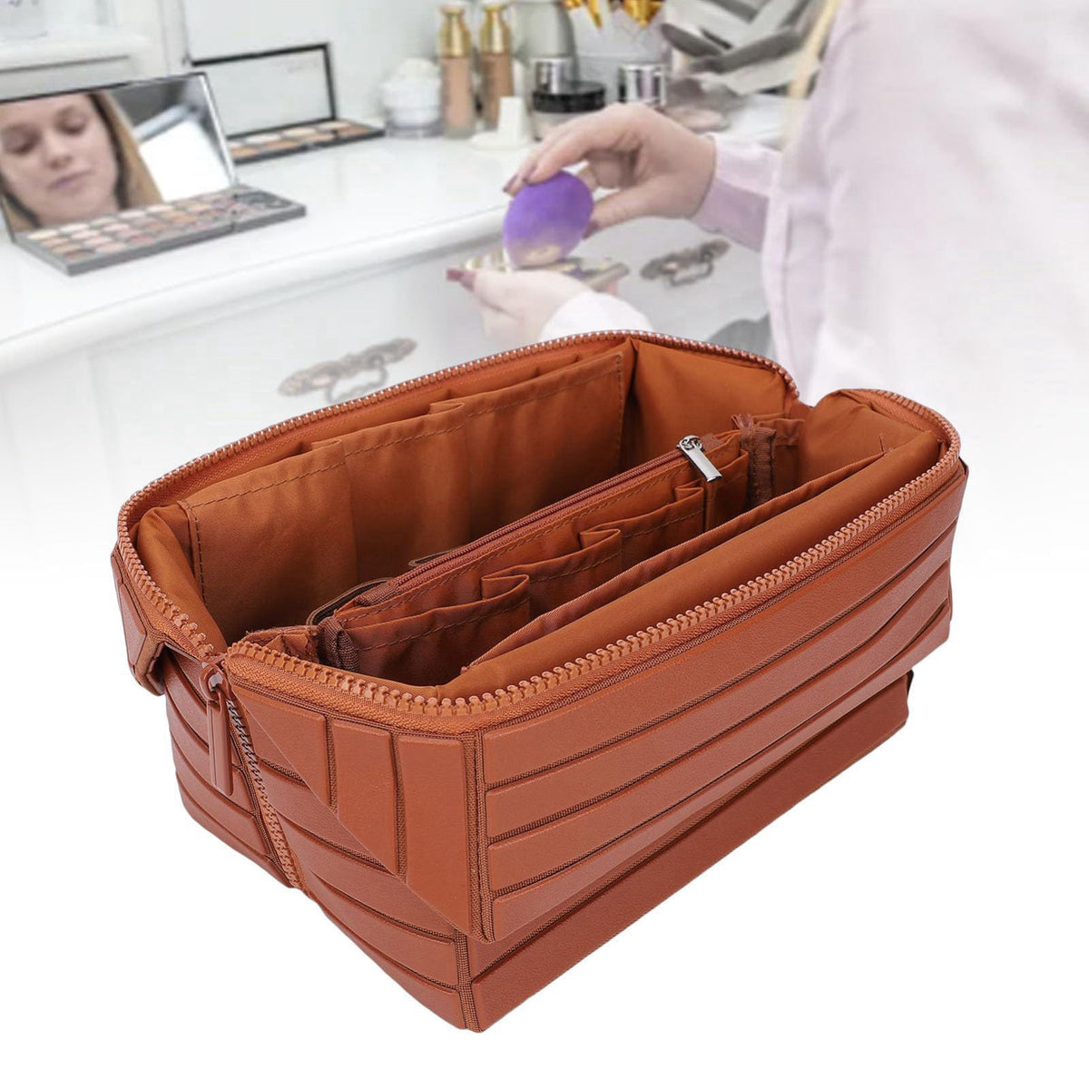 Denash Fold Down Makeup Bag, Large Capacity Travel Cosmetic Case with Zippered Compartments, Water Proof Foldable Toilet