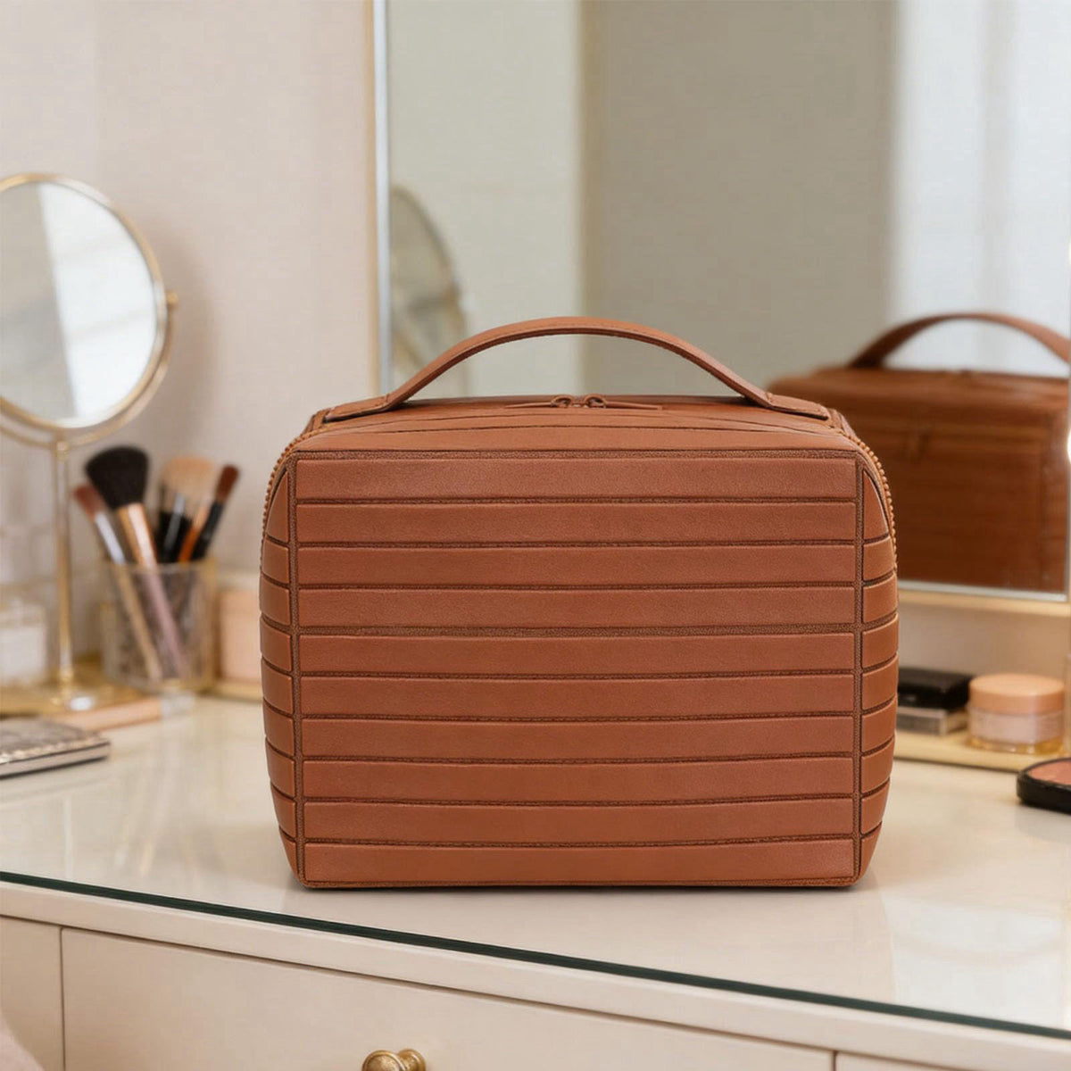Denash Fold Down Makeup Bag, Large Capacity Travel Cosmetic Case with Zippered Compartments, Water Proof Foldable Toilet