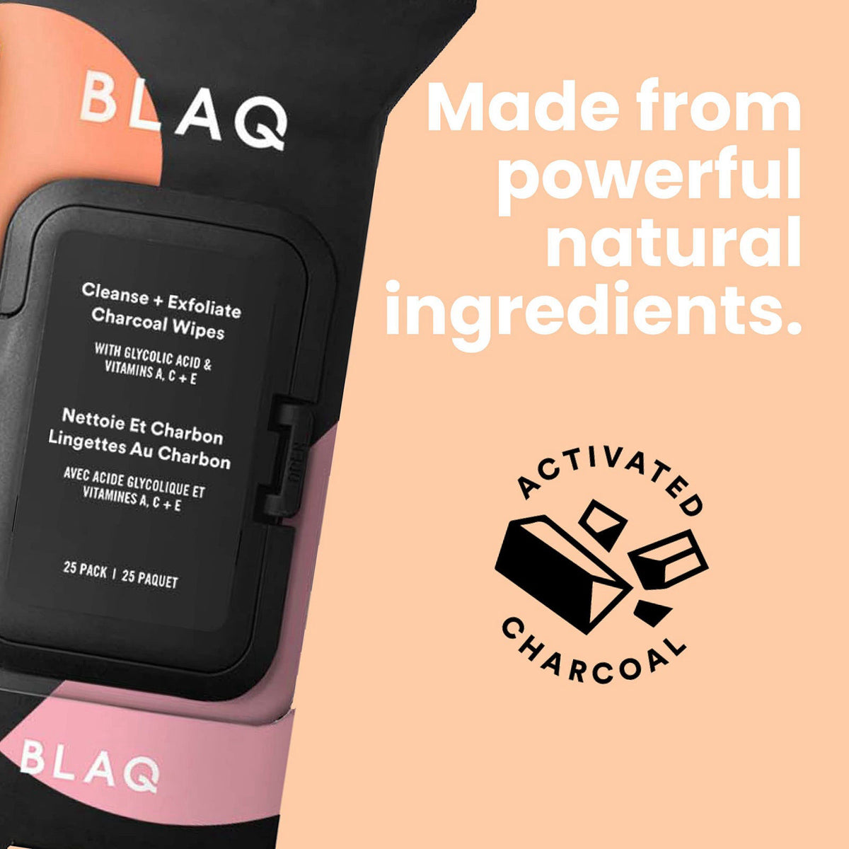 BLAQ Activated Charcoal Face Wipes - Dual Sided Charcoal Facial Cleansing Cloths - Makeup Remover, Exfoliating AHA boost
