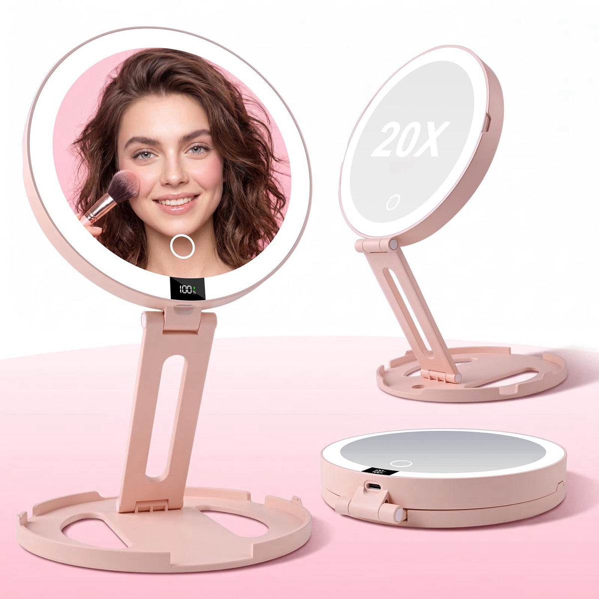 ATUSGOY Foldable Travel Makeup Mirror with Lights 20X/1X Magnifying Mirror – Pink, Polystyrene (PS)