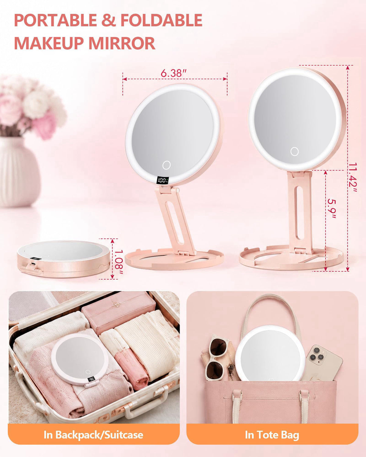 ATUSGOY Foldable Travel Makeup Mirror with Lights 20X/1X Magnifying Mirror – close-up detail in Pink